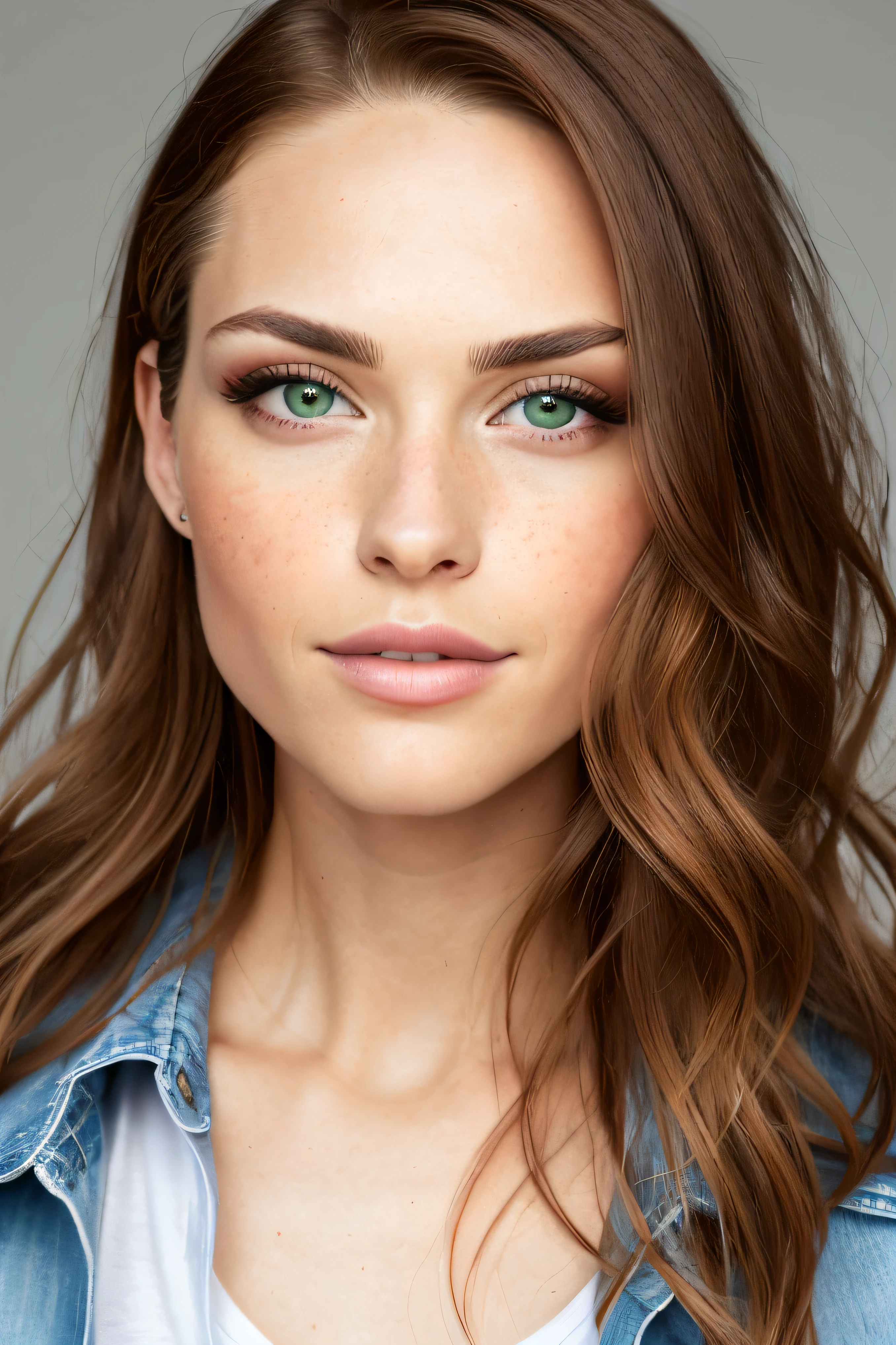(medium shot editorial photo of 35 yo gorgeous super model woman, ginger hair, slim American sweetheart), (freckles:0.8), (lips parted), realistic green eyes, POV, realistic[:, (film grain, 25mm, f/1.2, dof, bokeh, beautiful symmetrical face, perfect sparkling eyes, well defined pupils, high contrast eyes, ultra detailed skin, skin pores, vellus hair, fabric stitching, fabric texture, wood grain, stone texture, finely detailed features:1):0.9]