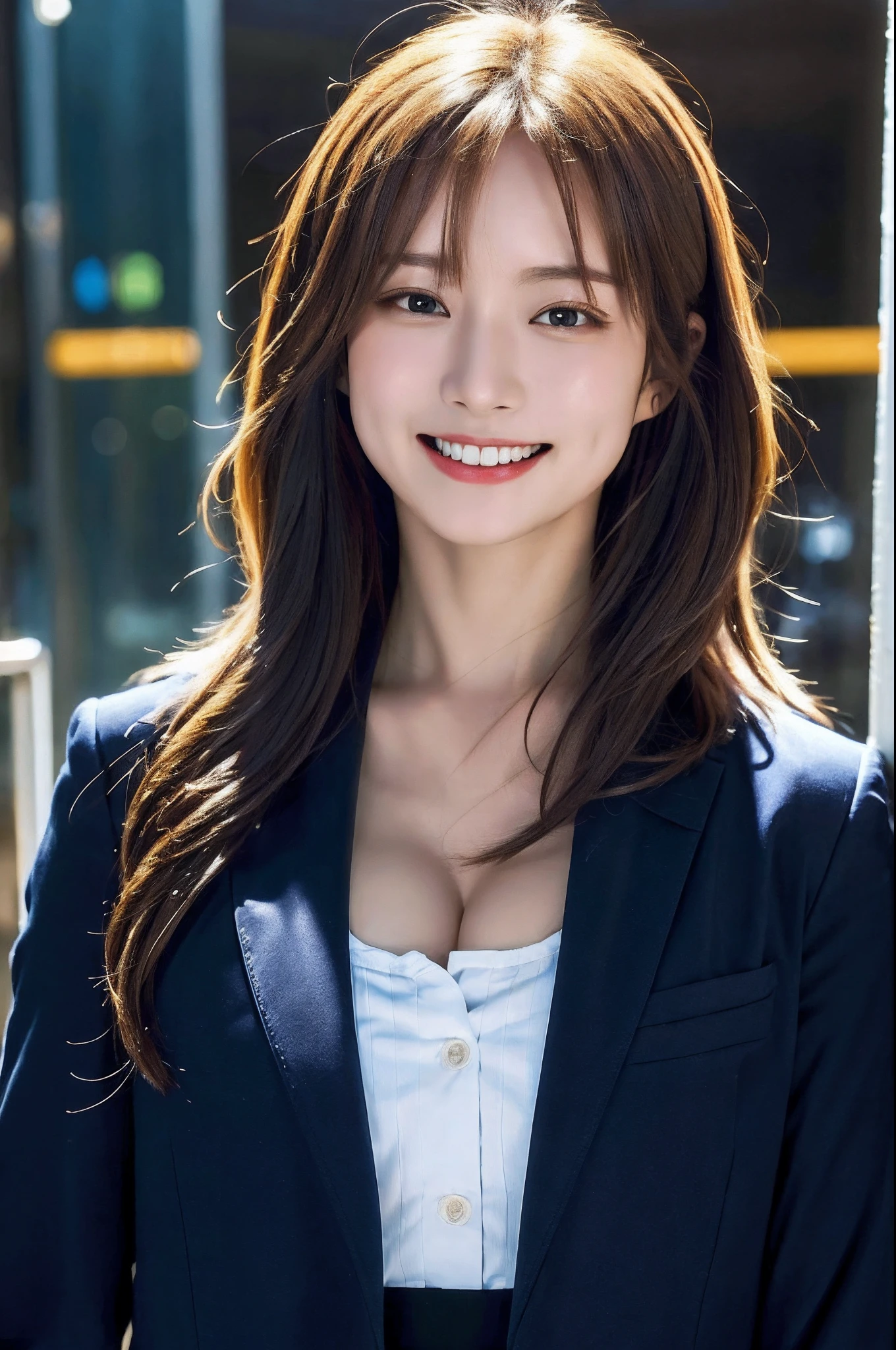 ((Highest quality、8k、masterpiece:1.3))、sunny、(Cafe)、Ocean Background、Young Japanese woman,(Anatomically correct body)、(Perfect Body Beauty:1.2)、Highly detailed beautiful face、Beautiful skin texture、(Cute smile)、(Well-formed eyes、Beautiful Eyes)、double eyelid、Large Breasts、Beautiful long legs、(Looking into the camera)、((stripe business suit,mini skirt))、(leaning forward:1.3), (hands on knees:1.3)