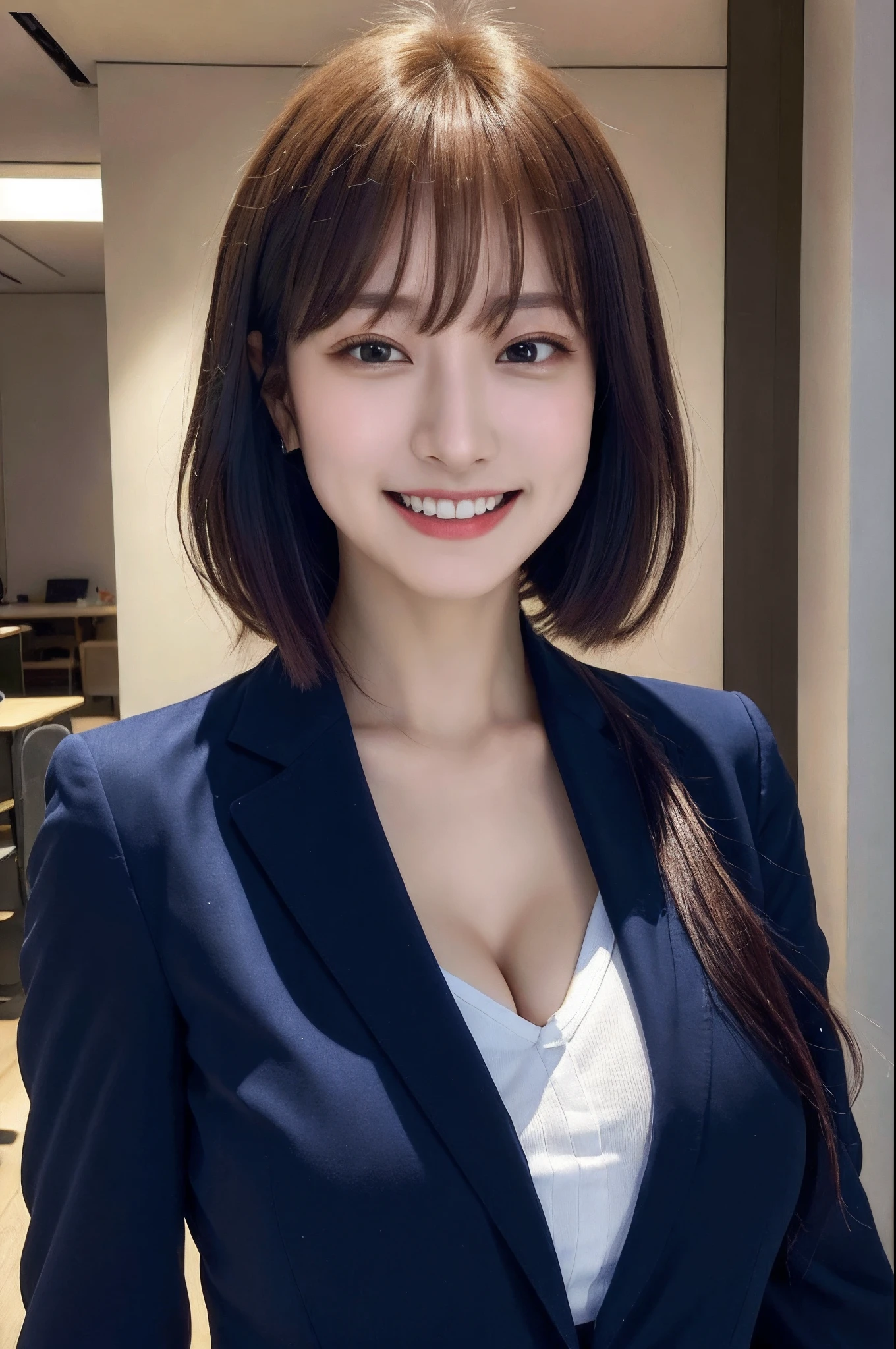 (8k, RAW photo, ultra high res, best quality, masterpiece:1.2), (realistic illustration), (extremely detailed CG unity 8k wallpaper), absurdres,
1 girl,21 yo, beautiful face,medium breasts,black medium hair,smile,tilting head,grin,upper body,slim fit pants,gray tailored jacket,office,upper body、乃木坂アイドル、女優、韓国アイドル