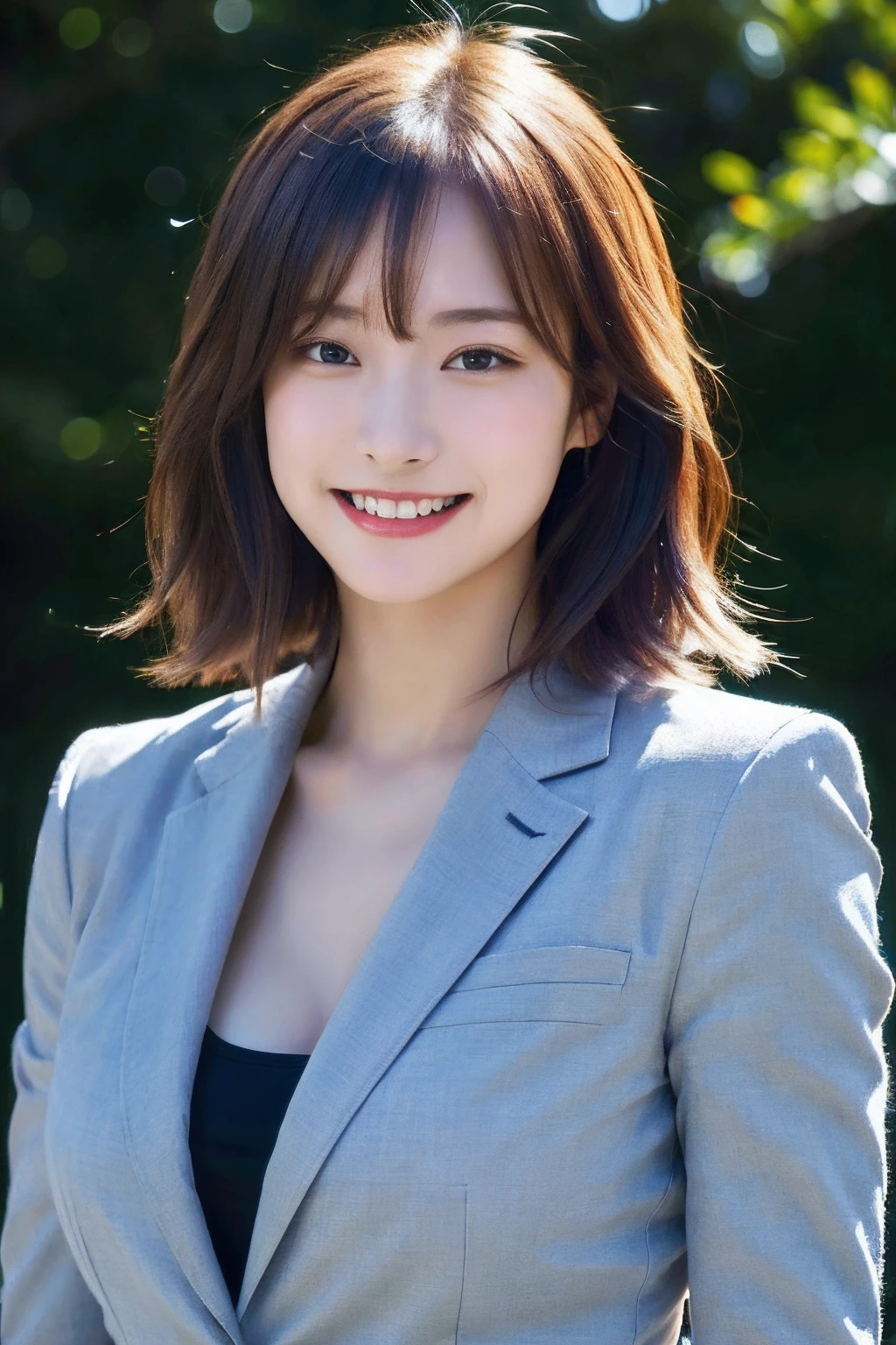 (8k, RAW photo, ultra high res, best quality, masterpiece:1.2), (realistic illustration), (extremely detailed CG unity 8k wallpaper), absurdres,
1 girl,21 yo, beautiful face,medium breasts,black medium hair,smile,tilting head,grin,upper body,slim fit pants,gray tailored jacket,office,upper body、乃木坂アイドル、女優、韓国アイドル