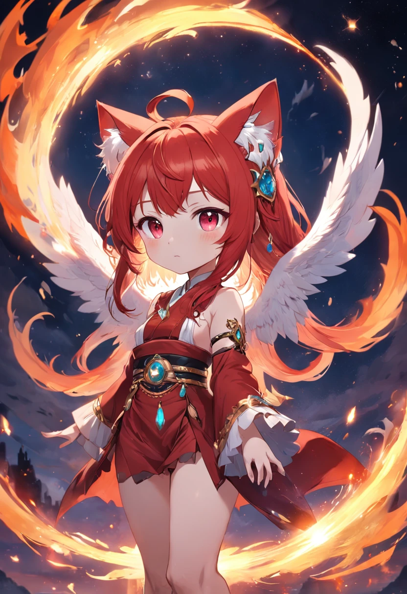 {{masuter piece}},{Very gorgeous magic style},{Very gorgeous magic style},{Flame background：1.3},{｛mystical sky}},{｛crystal orb}},{｛Flame of beautiful details}},{Beautiful detailed sunset}},{Detailed flapping wings}},{ Fantastic}}},{showcase}},{Solo,{{Detailed Anime Cat}},{Detailed anime eyes}},{Animated}},{detailed cat ears}},{Cute}},{Furry}},{mascot},{Chibi}},{dragon tail}},{Wings},{white jewels}}{{Red hair Red skin: 1.3}}｛Cat-like texture：1.3｝
