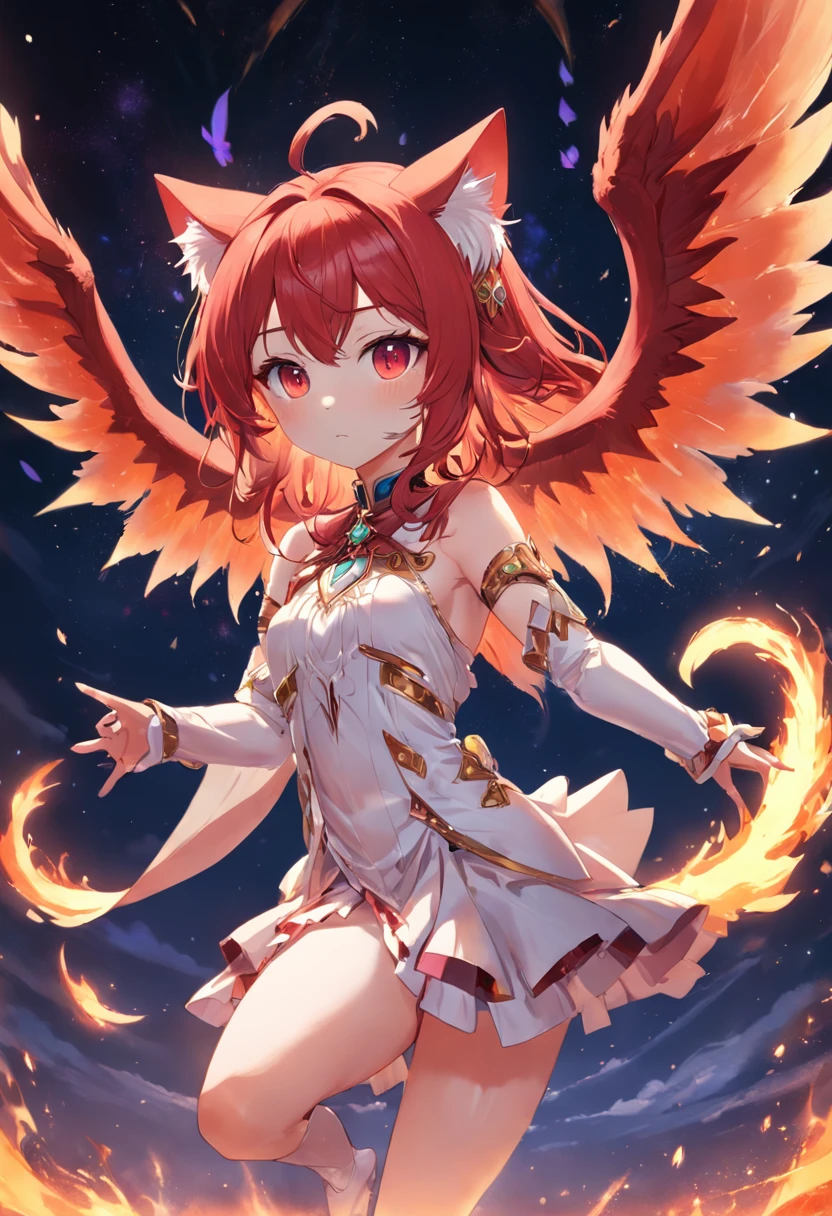 {{masuter piece}},{Very gorgeous magic style},{Very gorgeous magic style},{Flame background:1.3},{{mystical sky}},{{crystal orb}},{{Flame of beautiful details}},{Beautiful detailed sunset}},{Detailed flapping wings}},{ Fantastic}}},{showcase}},{Solo,{{Detailed Anime Cat}},{Detailed anime eyes}},{Animated}},{detailed cat ears}},{Cute}},{Furry}},{mascot},{Chibi}},{dragon tail}},{Wings},{white jewels}}{{Red hair Red skin: 1.3}}{Cat-like texture:1.3}