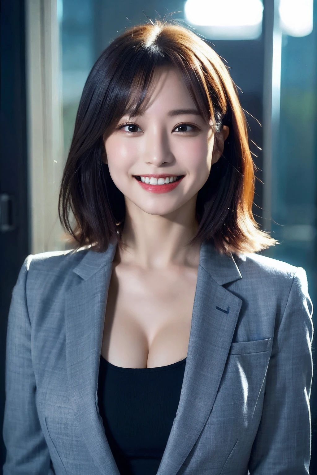 (8k, RAW photo, ultra high res, best quality, masterpiece:1.2), (realistic illustration), (extremely detailed CG unity 8k wallpaper), absurdres,
1 girl,21 yo, beautiful face,medium breasts,black medium hair,smile,tilting head,grin,upper body,slim fit pants,gray tailored jacket,office,upper body、乃木坂アイドル、女優、韓国アイドル