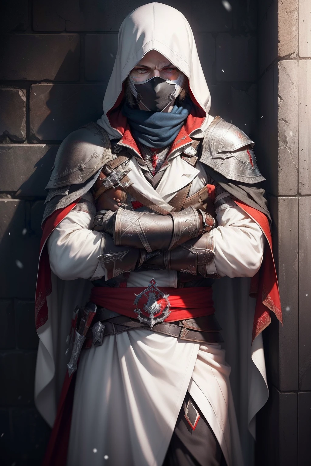 (High detail CG，The ultra-realistice，detail-rich)，assassins creed，snowy day，White cloak，Full face mask，Expose your eyes，Red and blue eyes，hidden blade，Black and red magic elements are everywhere，Cross your arms，Reclining against the wall