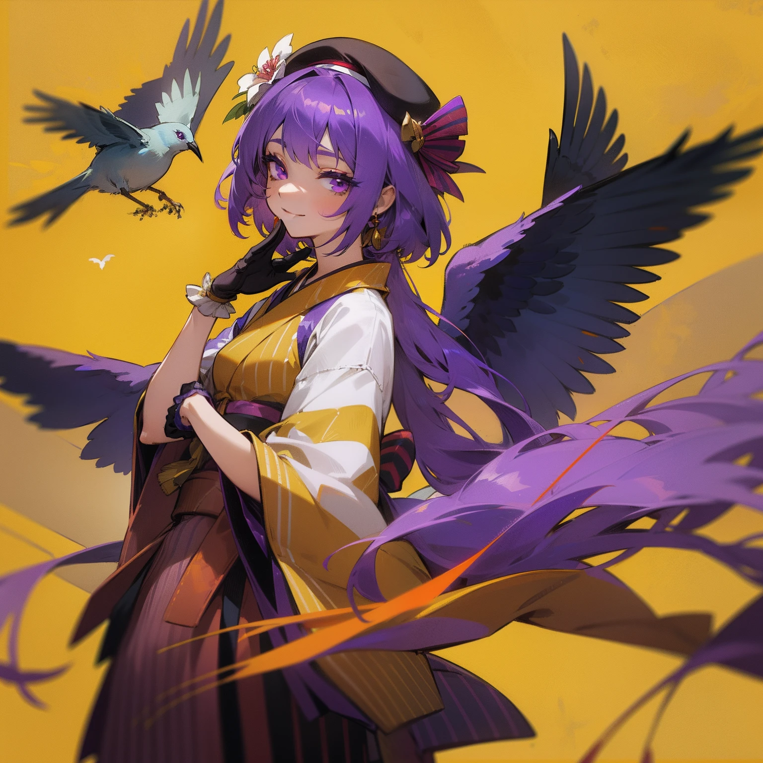 Man and bird in geisha costume isolated on yellow background, One girl, rumia, hat, gloves, Komono, Solo, Red Bell、Purple hair, earrings, Jewelry, Bird, Kimono, Long hair, Black Gloves, beret, Smile, Obi, Obi, Stripes, Looking at Viewer, make - up, Bangs, Purple Eyes, hat flower