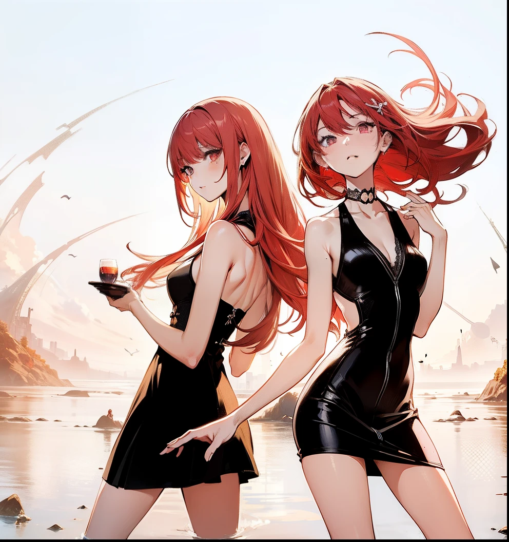 cyber cafe at night in the pouring rain, two Asian elf women with tattoos short red messy hair long braided black hair wearing lingerie sit at a table with spilled wine kissing each other