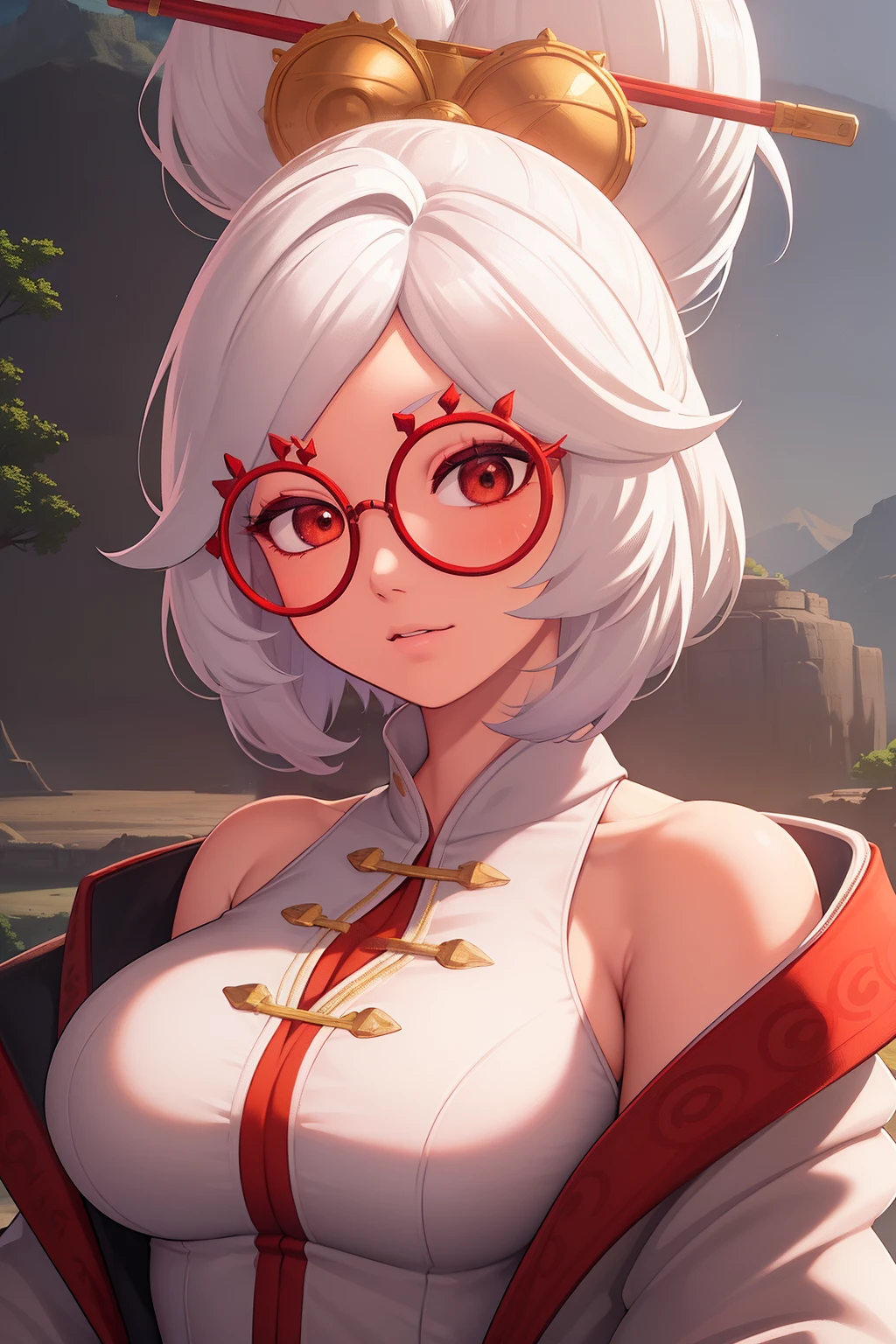 ((extreme detail)),(ultra-detailed), extremely detailed CG unity 8k wallpaper, best quality,  purah_totk, gold hair ornament, hair stick, sleeveless shirt, white jacket, red glasses, looking at viewer, holding, sitting, crossed legs, upper body, sky cloud, tree, mountain,