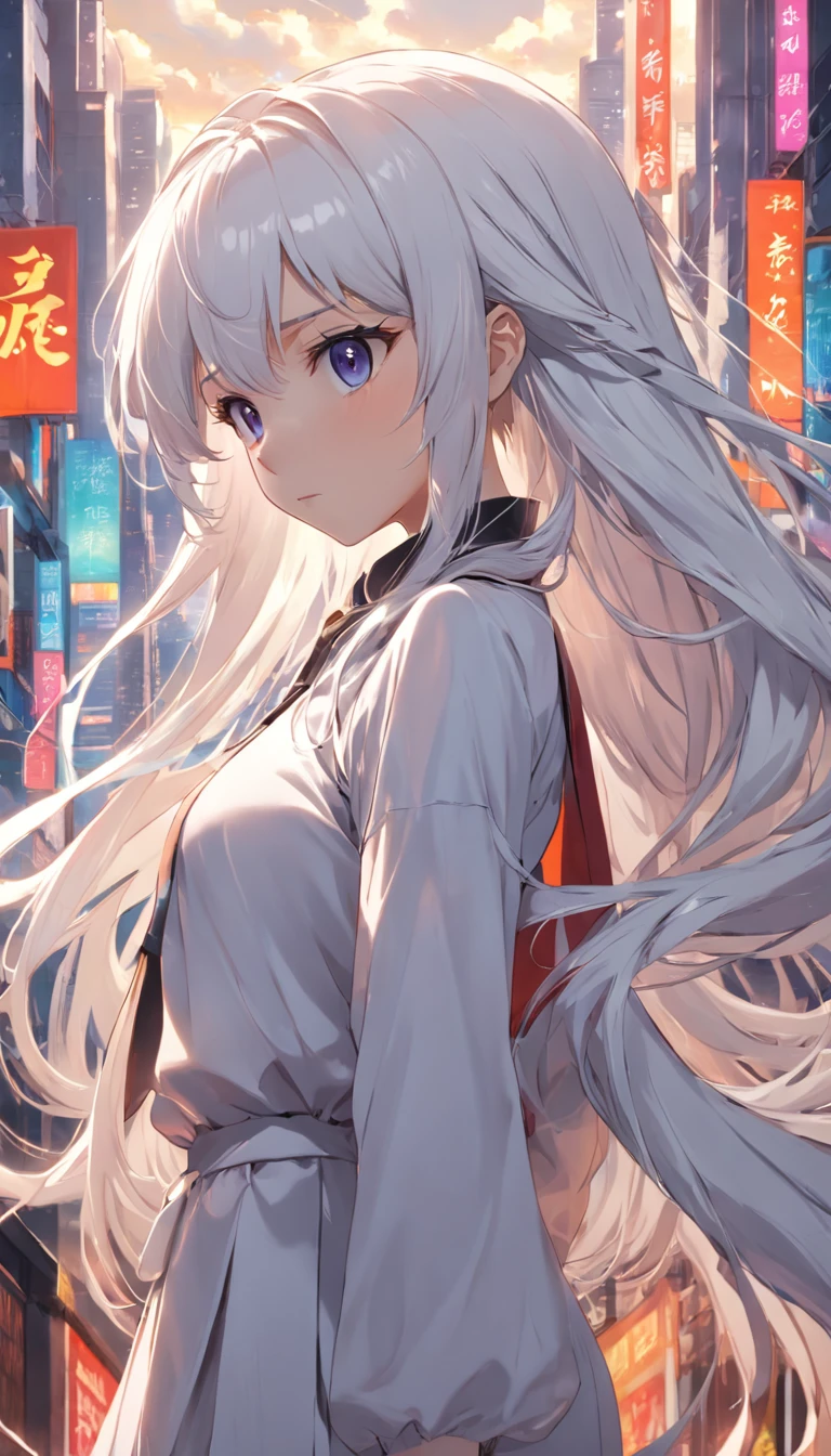 highways,Look up,Long white hair,full bodyesbian, Electrical properties,long skirt,Staff,45 degree,