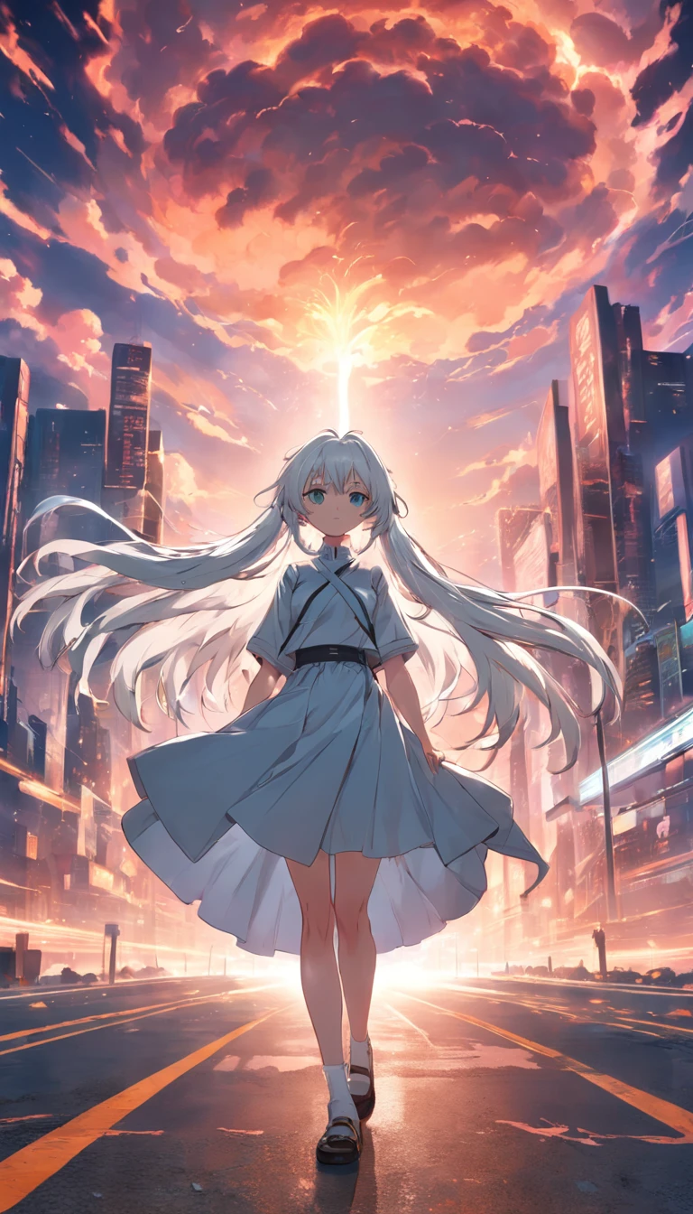 highways，Look up，Long white hair，full bodyesbian, Electrical properties，long  skirt，Staff，45 degree，