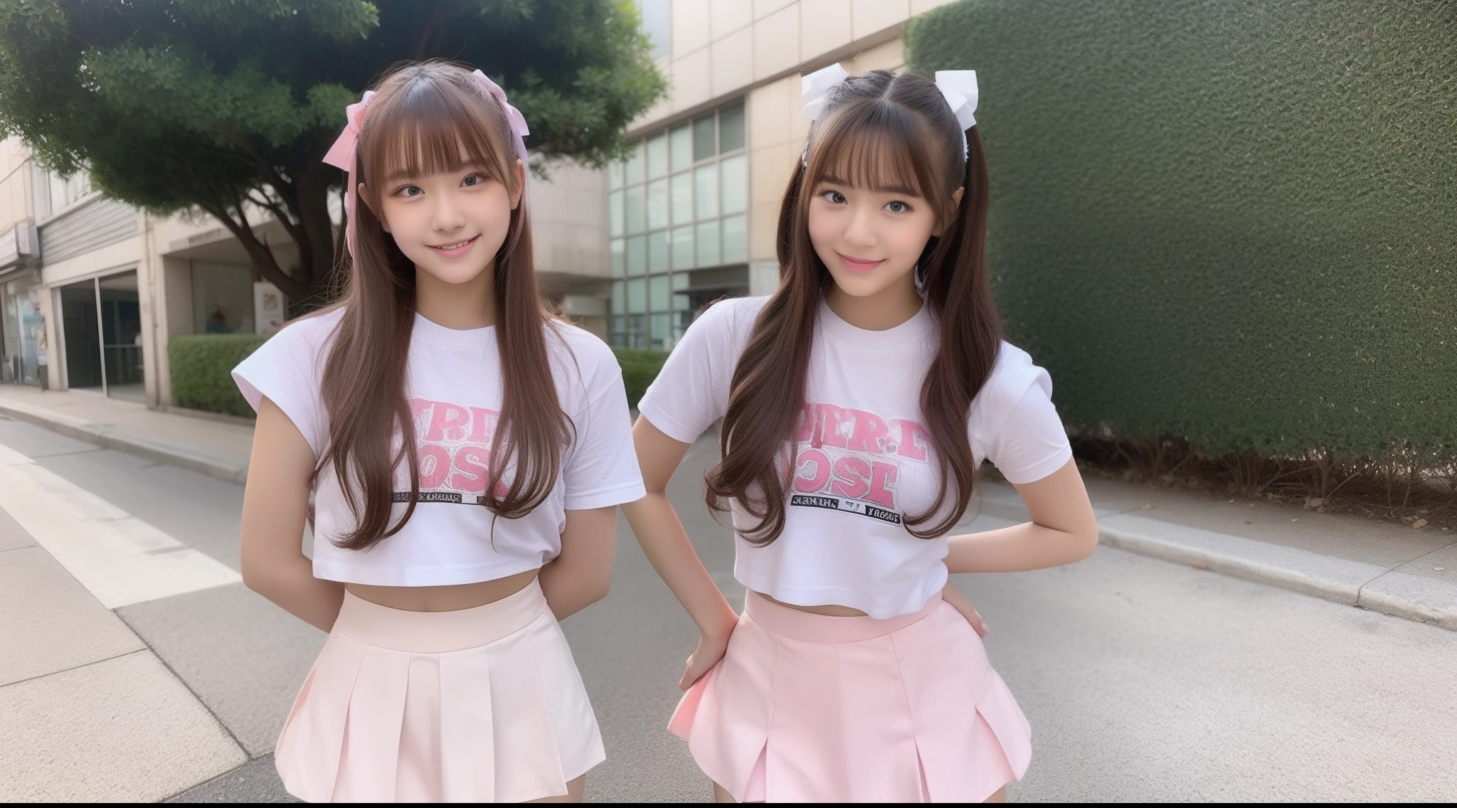 18-year-old cheergirl in a pink miniskirt（T-shirt wearing）turns around