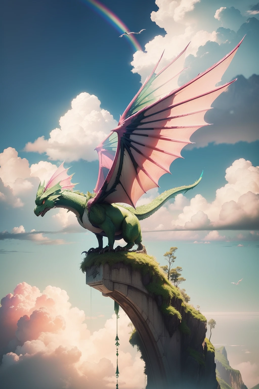 Green Dragon,Island, Cloud, Rainbow, sky, bird, pink wings