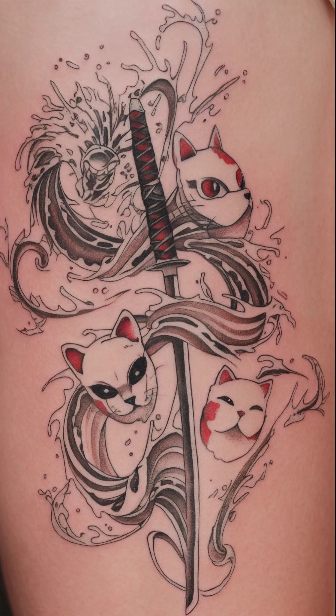 Close-up of a tattoo of a cat with a sword, inspired by Kawanabe Kyōsai, inspired by Kameda Bōsai, by Shiba Kōkan, inspired by Shunkōsai Hokushū, inspired by Kanō Hōgai, Inspired by Ryūkōsai Jokei, Robot manga anime!! tatouage de chat