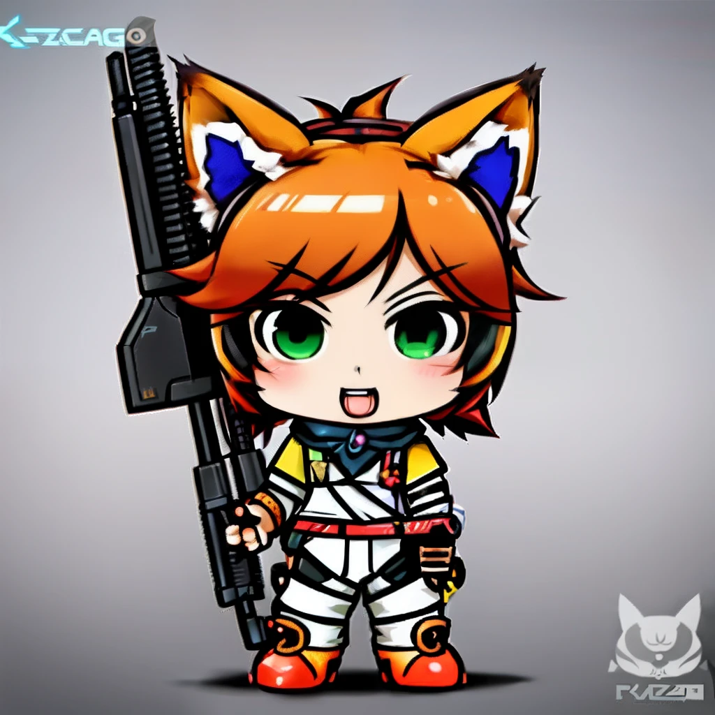 Cartoon character of a girl with a gun and cat ears, fox from league of legends chibi, Advanced Digital Chibi Art, foxgirl, katana zero video game character, Fox MacLeod, fox nobushi, maple story gun girl, Chibi Art, 8 0 s anime art style, video game characters designs, cute fumo plush fox girl