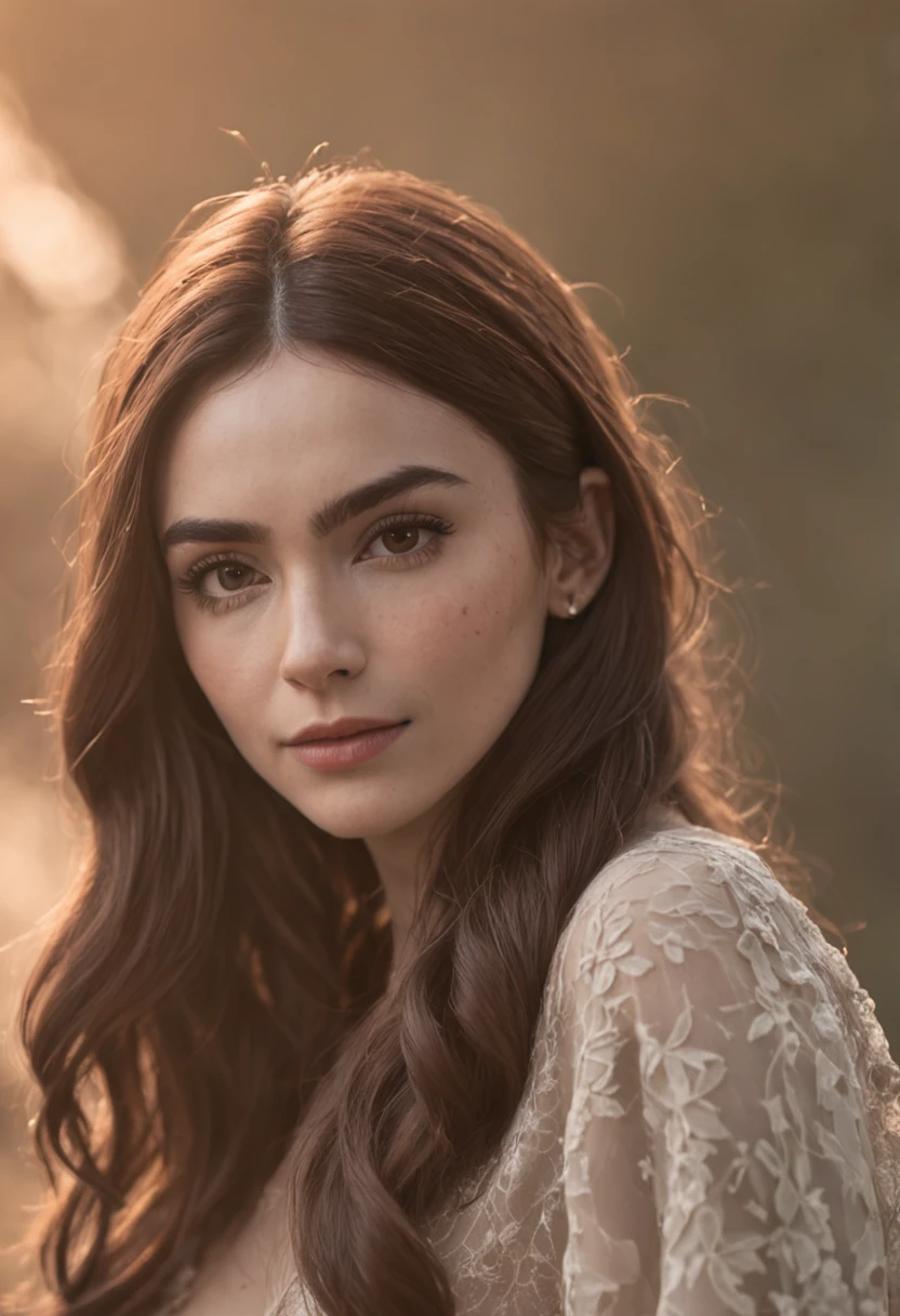 Lily Collins、The upper part of the body、Facing the camera、Deepika with headphones, Natural Skin Texture, 24mm, 4K textures, Soft cinematic light, adobe lightroom, Photolab, nffsw, Convoluted, Elegant, Highly detailed, Sharp Focus, ((((Cinematic Look)))), Soothing tones, Insane details, Intricate details, hyperdetails, Low contrast, Soft cinematic light, dim colors, exposure blend, nffsw, Faded