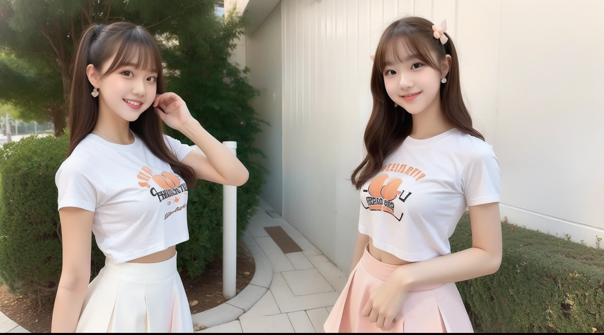 Cheergirl in white tee shirt and peachy mini skirt 18 years old