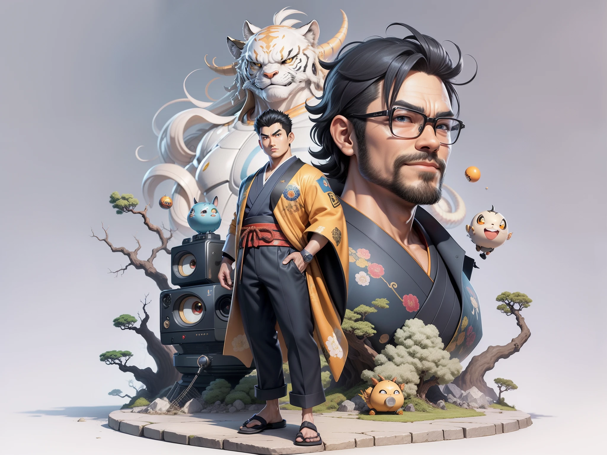 (Masterpiece), (Excellent), (Super Meticulous), (Full Body: 1.2), Super Young Man, Oriental Face, Japanese Kimono, Japanese Wind Thunder God, Dragon, Tiger, TV Anchor, Bust Portrait Illustration, Alone, Black Suit, Blue Tie, Slightly Chubby Face, Very Clean Face, No Beard, Black Super Short Hair, Black Eyes, Confident Smile, 3c Computer Sub-Products, iPad, iPhone, Digital Painting, 3D Character Design by Akira Toriyama and Mark Claireden and Pixar and Hayao Miyazaki, The illustration is a high-definition illustration in 4K resolution with very detailed facial features and cartoon-style visuals.