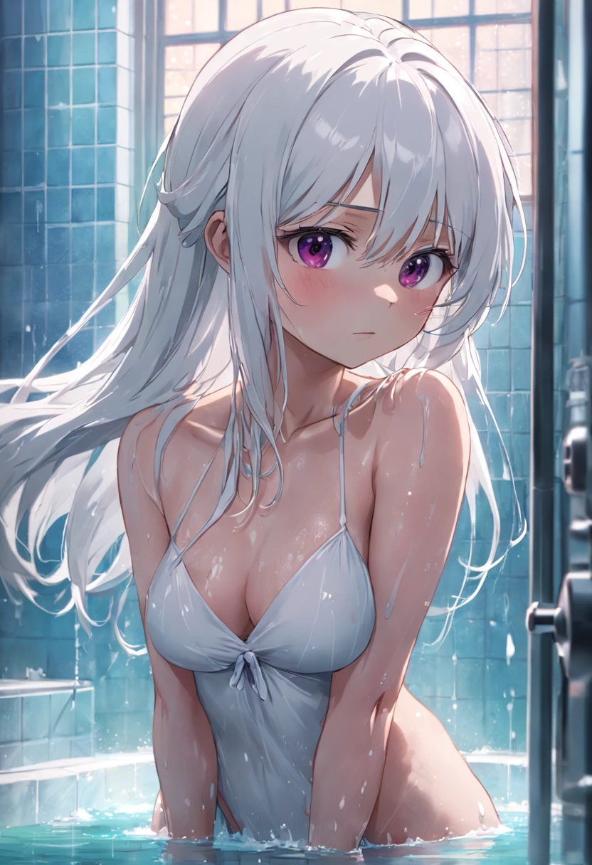 Cute white hair，nakeness，Leigh，Take a shower standing in the bathroom，head looking up，is shy，Be red in the face，Wet all over