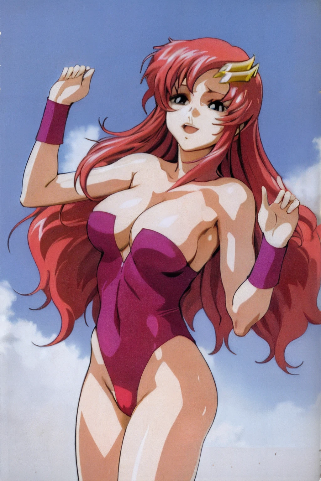 (masterpiece, 4K, Best Quality, Anime style: 1.9, bold drawing lines, High color saturation, Detailed face, tall, Adult Woman, lovely, (cloud background), Drawing lines, high resolution, Anime, lacus4), 1girl in, Solo, curvy figure, Long hair, 鎖骨, scapular, Wavy Hair, Detailed wide hair bangs, Hair Ornament, Detailed reddish-pink hair, , large hands, Big blue eyes, Smile, closed mouth, Very happy, closed fists, (laughing, open mouth), ((medium breasts)apless wrestling leotard, bare thighs, strong arms, biceps, rib lines, lip stick, (lean forward), legs