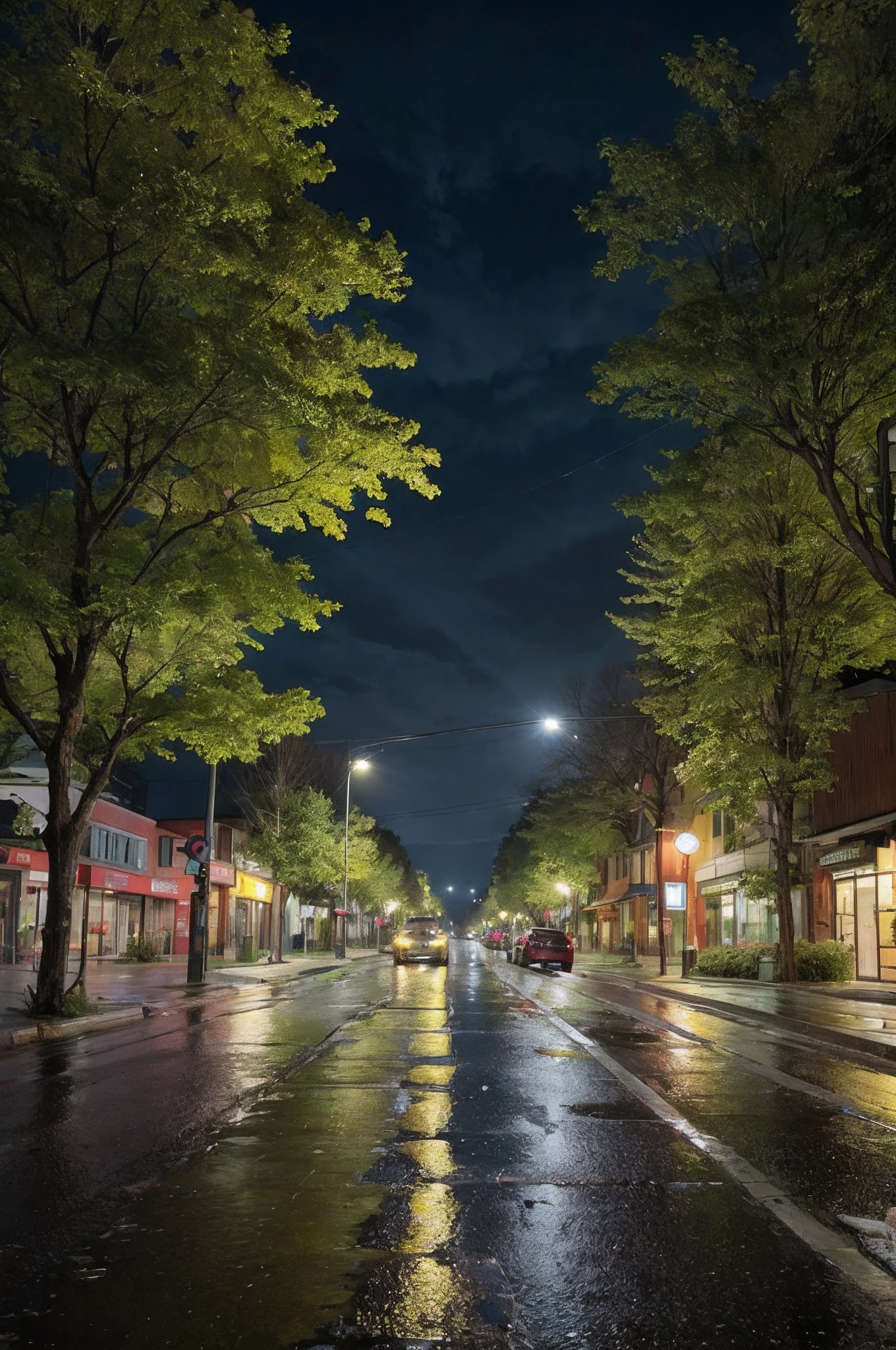 Night in the city,Rained,The road was soaked with rain,the street lights,There were a dozen roses lying on the road,Thick branches and green leaves,There are raindrops on the flowers,Lonely and sad emotional atmosphere,wide - angle shot,professional photoshooting,24k,Canon lens --v 5.1