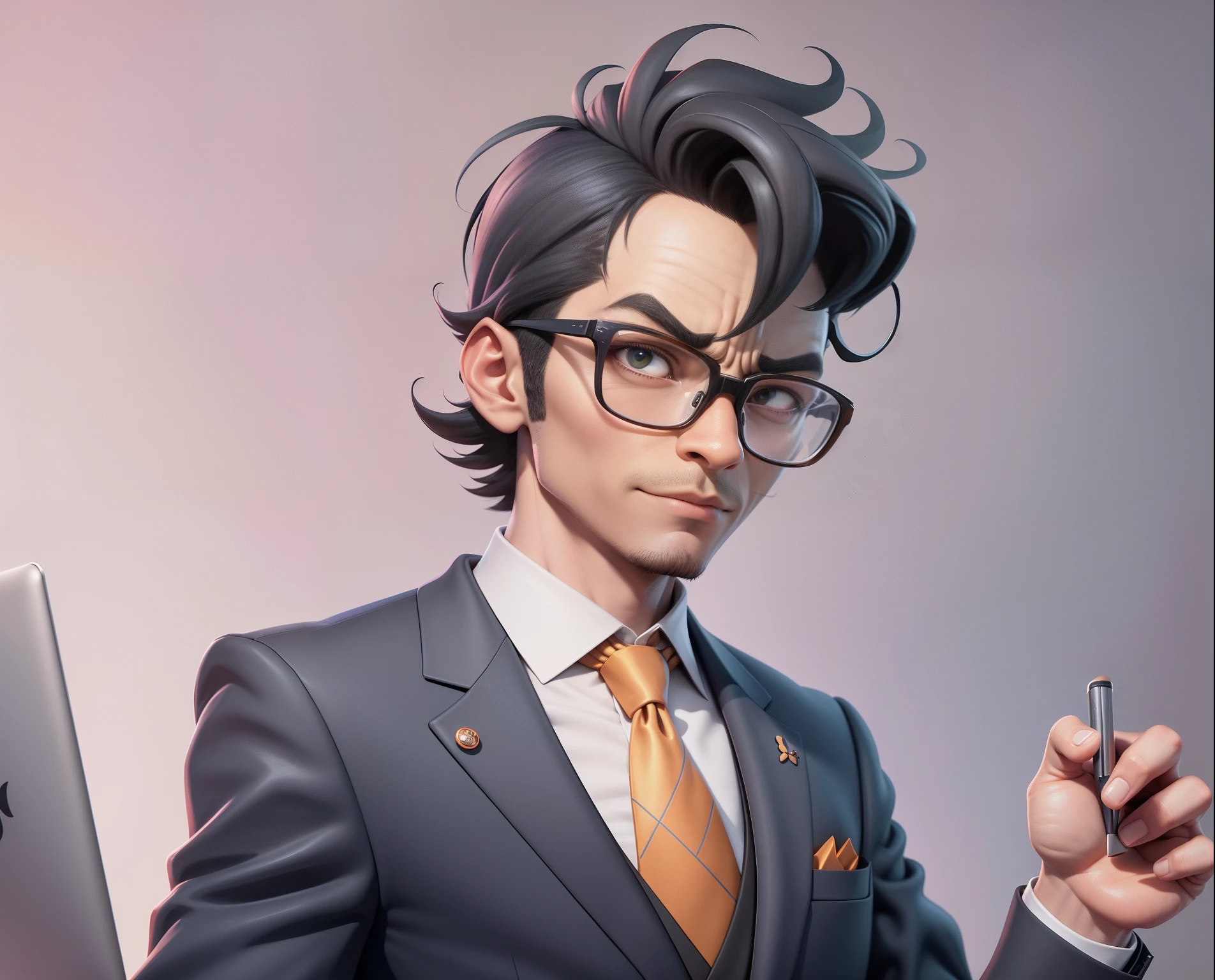 A young man in a suit, Short hair and glasses sat at his desk,holding laptop,digitial painting,tigre,3D character design by Mark Clairen and Pixar and Hayao Miyazaki and Akira Toriyama,4K HD illustration,Very detailed facial features and cartoon-style visuals。