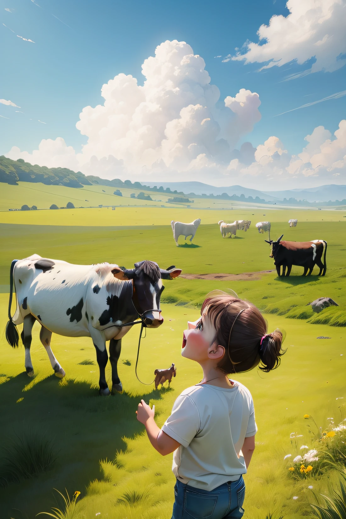 The cowherd **** shouts on the grassland for the cow to come home，The cow answered the child，Overall special cartoon，HD picture，Blue sky with white clouds and grass in the background