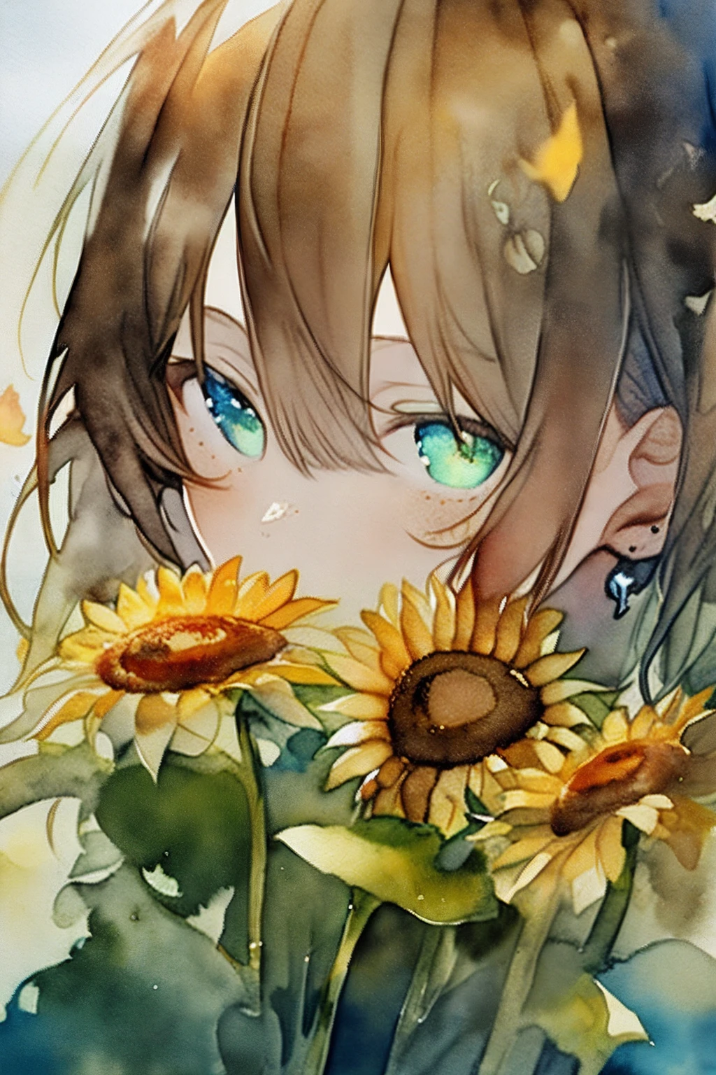(watercolor:1.2),1girl, solo, flower, sunflower,freckles, portrait, leaf, bangs, signature, yellow flower, brown hair, long hair, green eyes, hair between eyes, flower earrings
