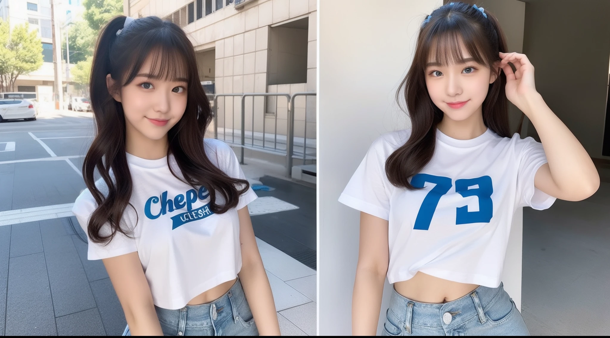 18-year-old cheergirl in white T-shirt and light blue miniskirt