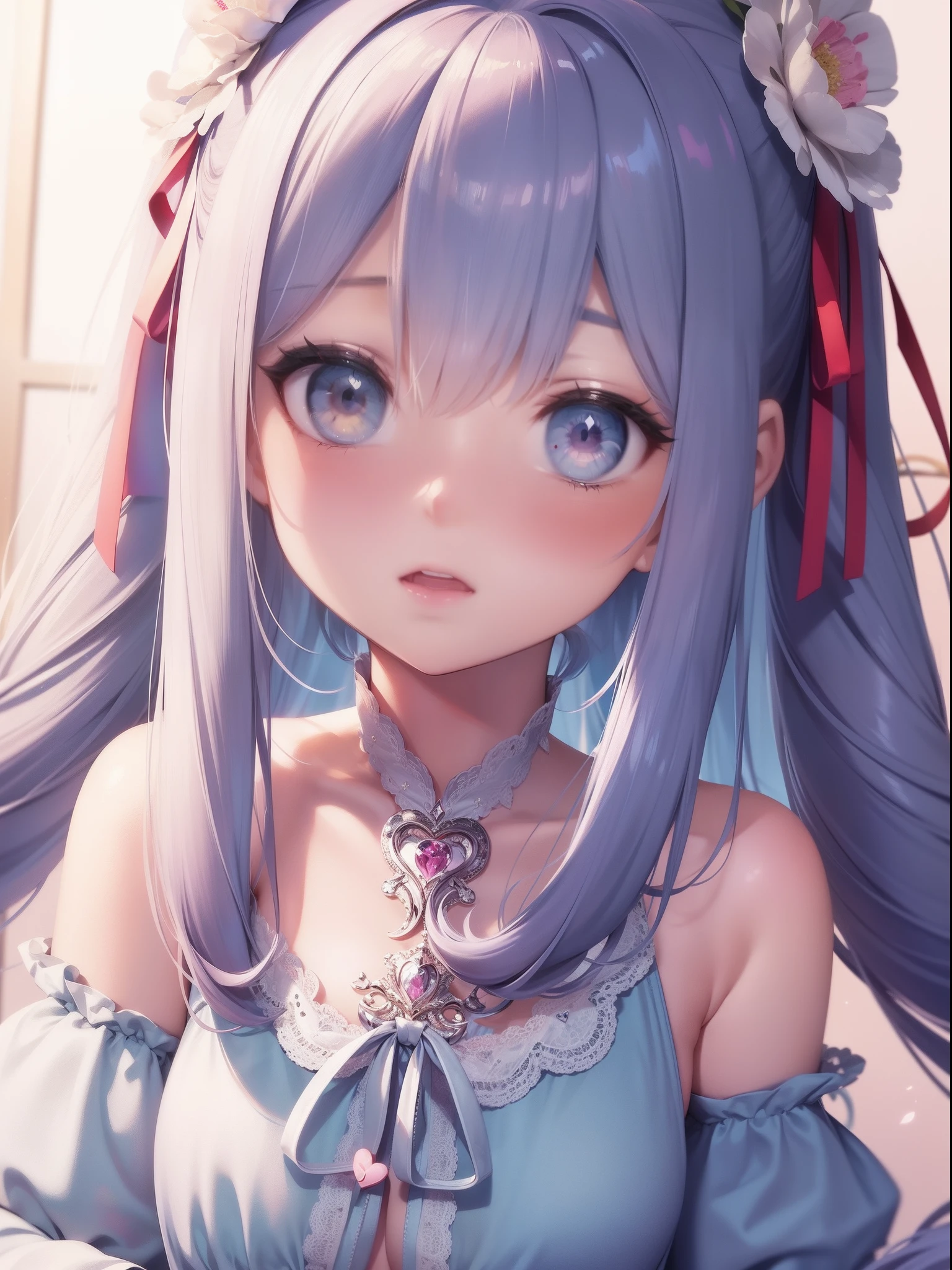 masterpiece, best quality, ultra-detailed, illustration, 1girl, solo, close-up, ((surprised)), blue_eyes, open_mouth, blush, eyebrows_visible_through_hair, long_hair, hair_ribbon, ribbon, frills, lace, white_dress, cute, soft_shading, watercolor, pastel_colors, flower, petals, bokeh, (big sized heart shaped accessory on hair:1.3)