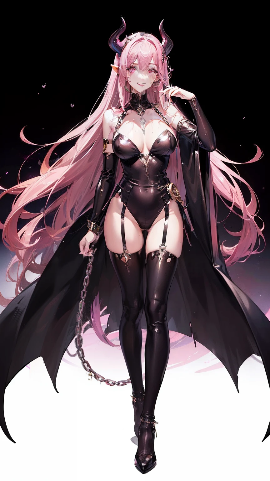 succubus super heroiene, ((wet thin silk jumpsuit, long cape with swag collar, chain belt, armlet, devil shape brooch, wristband)), (evil charming aura, raining effect, pink glowing pupil, succubus make up, perfect body shape, smiling face, pink purple color hair, brown skin), (masterpieces, extreme body detail, high resolution, original character, best anime 4k wallpaper quality), club toilet background, full body shot, hand on face