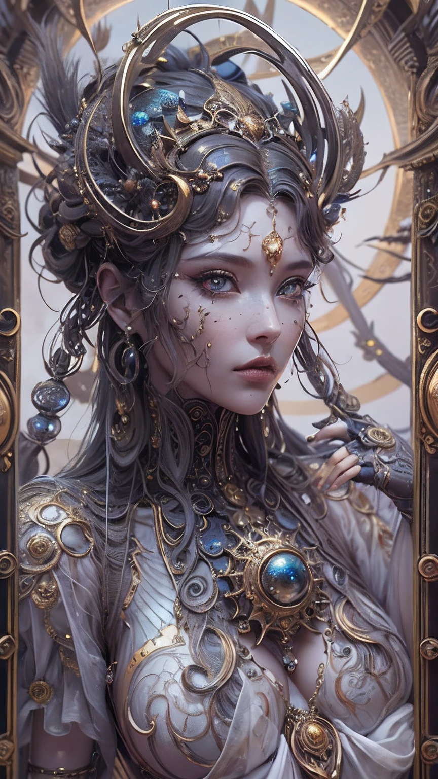 （best qualtiy，ultra - detailed，Most Best Illustration，Best shadow，tmasterpiece，A high resolution，professionalartwork，famousartwork），Detailed eyes，beautidful eyes，closeup cleavage，sci-fy，colored sclera，Robot eyes，face markings，Tattooed with，（fractalized，Fractal eyes），largeeyes，Wide eyes，（Eye focus），sface focus，Cosmic eyes，Space eyes，Close-up of metal sculpture of a woman with a moon in her hair，goddes。extremly high detail，3 d goddess portrait，Extremely detailed footage of the goddess，a stunning portrait of a goddess，Side image of the goddess，portrait of a beautiful goddess，Full body close-up portrait of the goddess，hecate goddess，portrait of a norse moon goddess，goddess of space and time