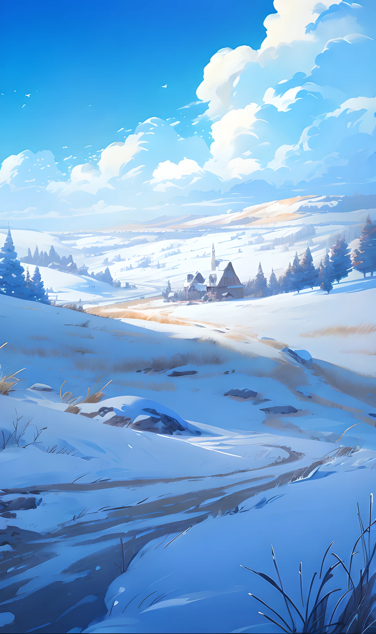 Snow-capped landscape,A dirt road crosses it,There are several houses in the distance, The background is the sea in winter,blue-sky,Arte conceitual de inverno, Snowy. By Makoto Shinkai, anime countryside landscape, Snowy plains, Detailed scenery —width 672, beautiful snowy landscape, ross tran. scenery background, anime landscape wallpapers, Anime background art, beautiful anime scenery, snowy landscape, Anime landscape concept art