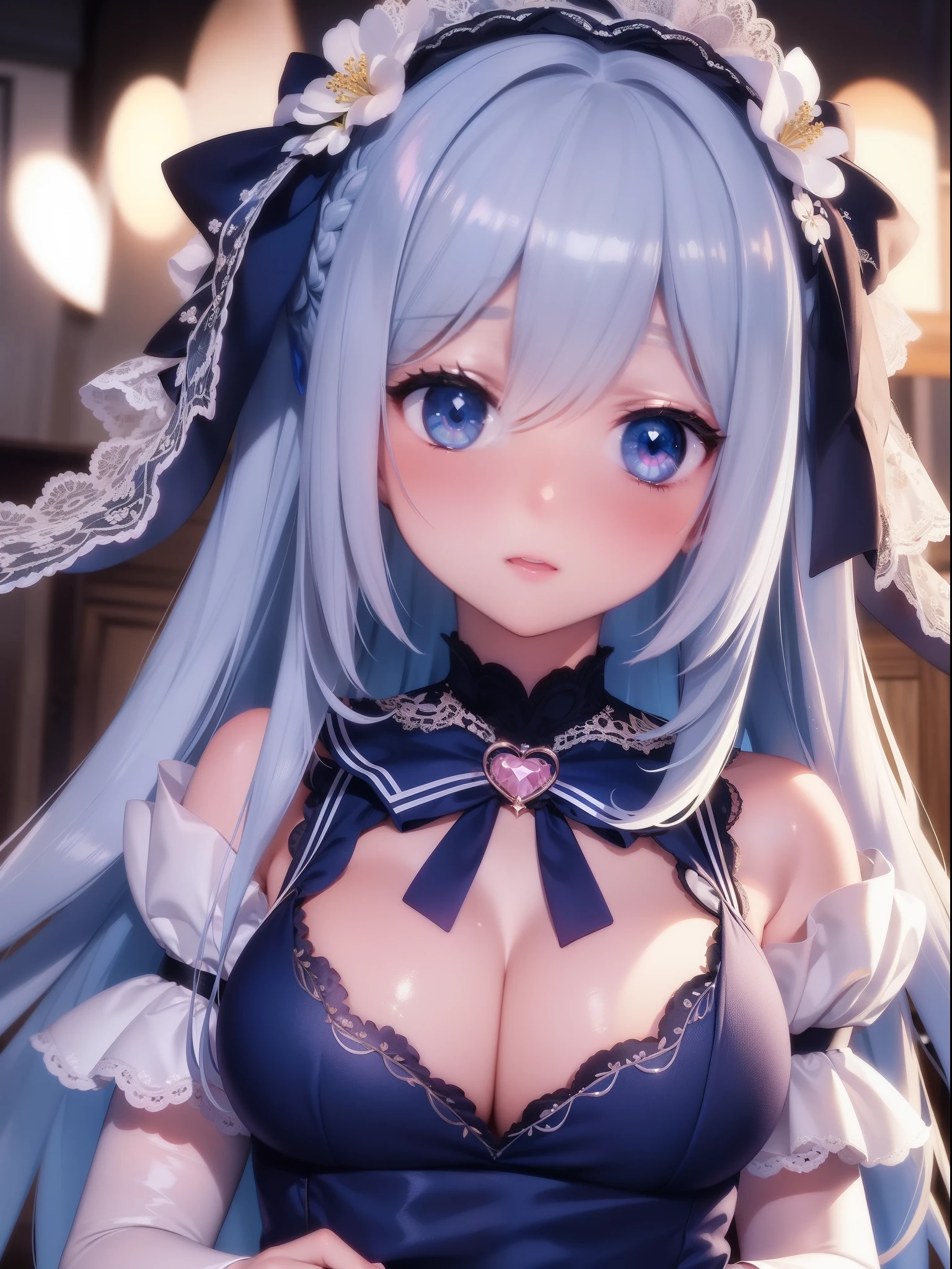 masterpiece, best quality, ultra-detailed, illustration, 1girl, solo, close-up, ((surprised)), blue_eyes, open_mouth, blush, eyebrows_visible_through_hair, long_hair, hair_ribbon, ribbon, frills, lace, white_dress, cute, soft_shading, watercolor, pastel_colors, flower, petals, bokeh, (big sized heart shaped accessory on hair:1.3)