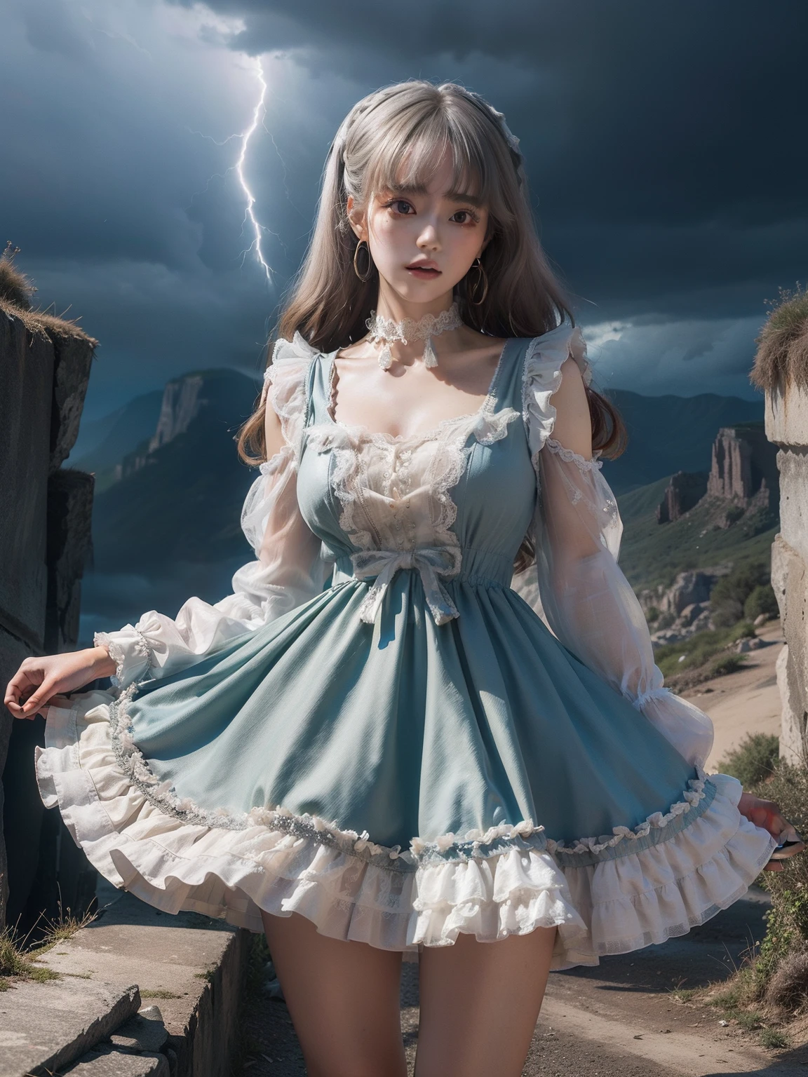 masutepiece, 8K,((Focus on the thighs)),High resolution whole body, surrealism, Cinematic lighting, god light,Layered processing (HD layers, People layer, Background image layer),f/4.0, kanon,(The face is super clear),hugefilesize,Shiny skin,Detailed skin,Detailed face, Detailed eyes, Goddess of the Storm,(Lolita dress miniskirt:1.5), At the top of a huge canyon, (The wind was blowing violently), Hair similar to the color of wind and lightning, nakeness, Bare chest, No top, Show off , Storm vortex pendant, Lightning earrings, Dark clouds loom like a storm, A thunderous scene,(Sky thunder and lightning scattered together),