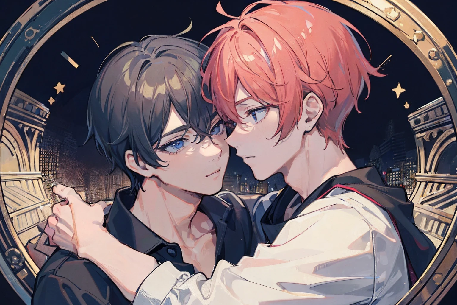(Masterpiece), (Best quality), ((ultra - detailed)), (2male:1.5), Mature male, ((Hand and male)), Gay, ((yaoi)), Eye contact,Gay men ,Hugging , Heart