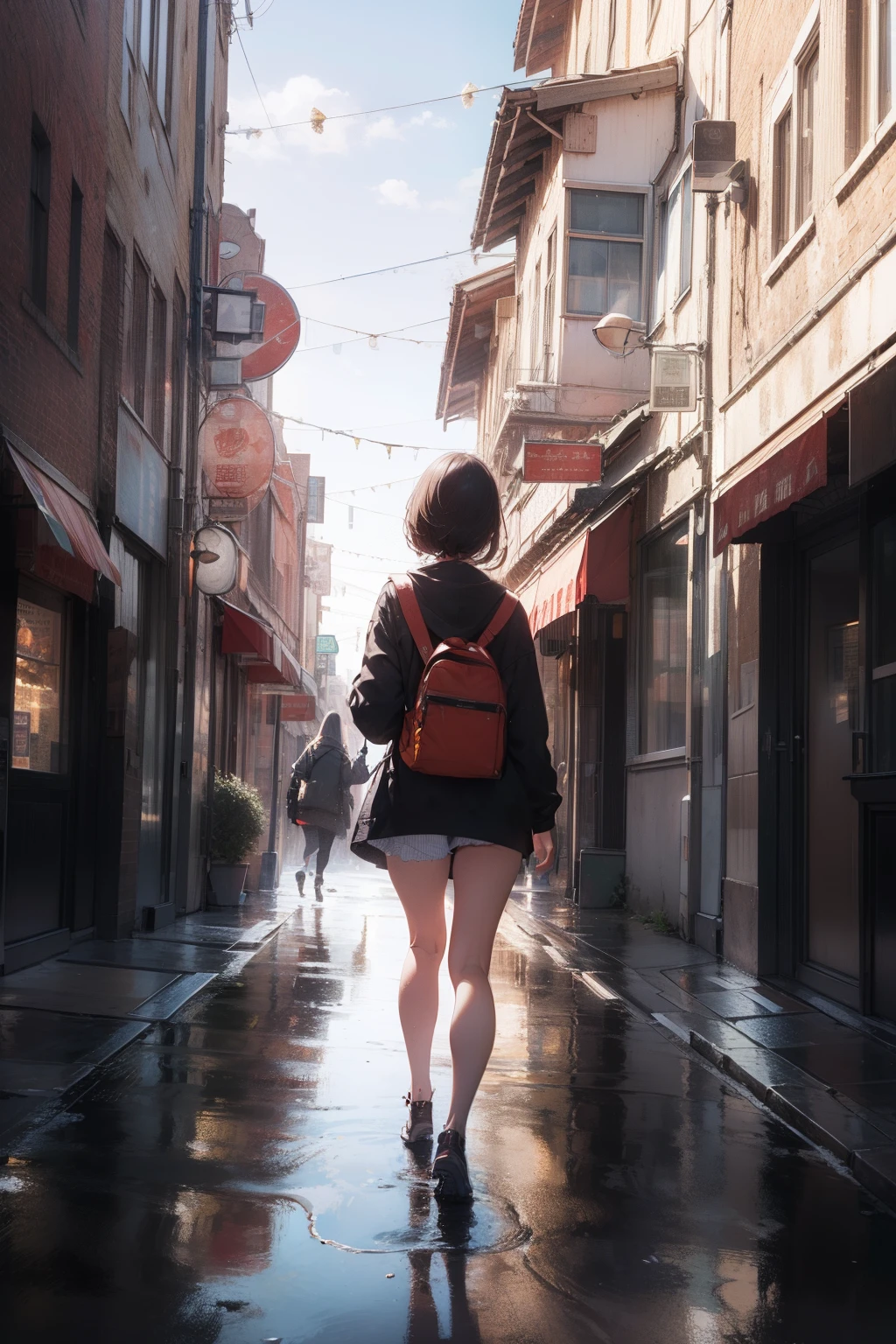 ultra-quality, ultla highres, Hyper Detailed, High contrast, superfine illustration, creative refinement, Sunny day, Stylish city, The city is beautifully reflected in the puddles of the streets,