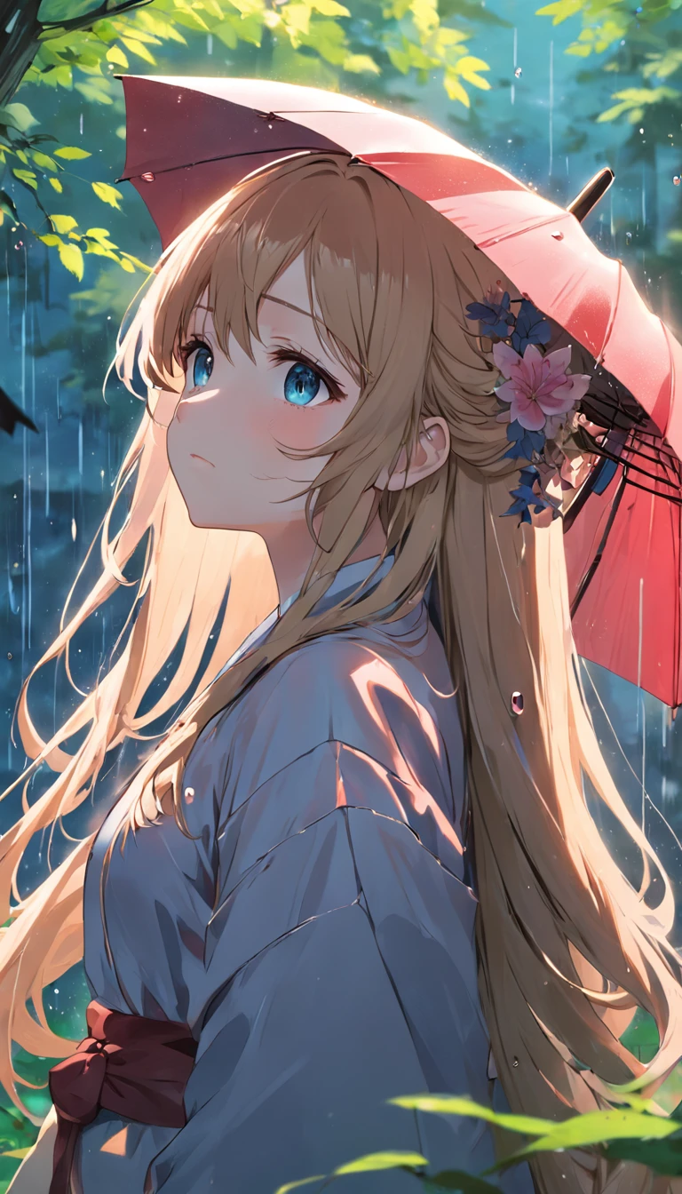 anime girl with long hair and flower in her hair, Beautiful anime artwork, style of anime4 K, Anime art wallpaper 4k,Rainy days,janelas,the woods,Rain drops