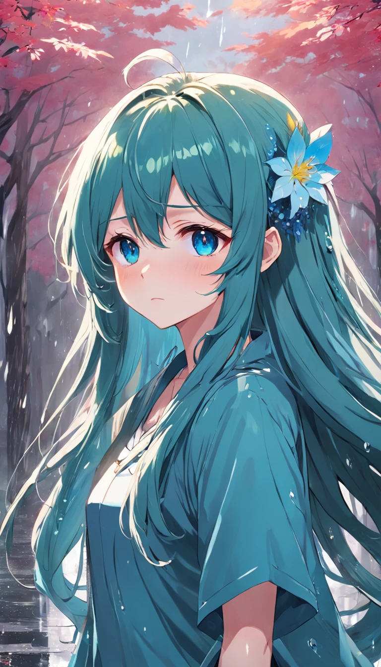 anime girl with long hair and flower in her hair, Beautiful anime artwork, style of anime4 K, Anime art wallpaper 4k,Rainy days，janelas，the woods，Rain drops