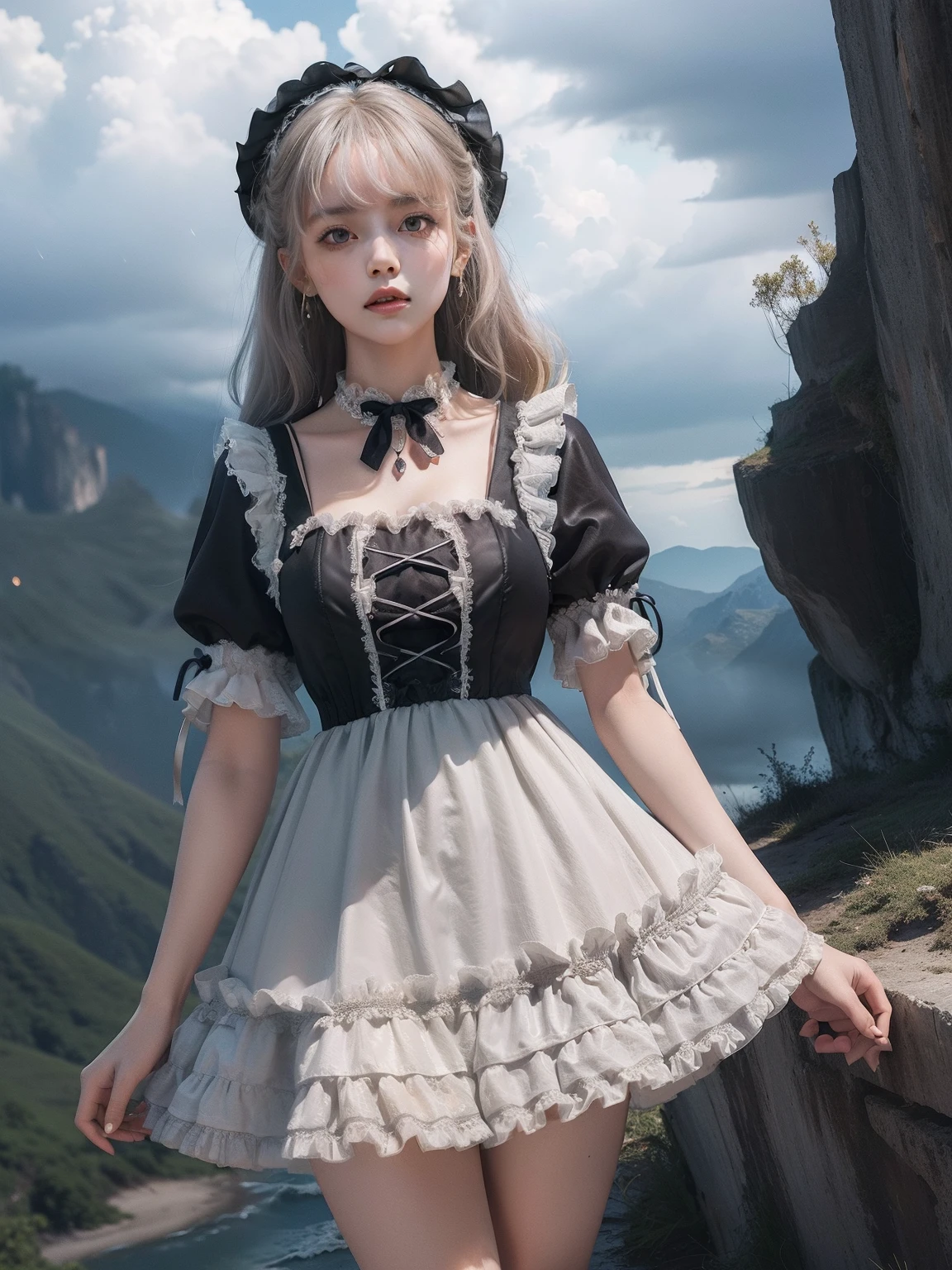 masutepiece, 8K,((Focus on the thighs)),High resolution whole body, surrealism, Cinematic lighting, god light,Layered processing (HD layers, People layer, Background image layer),f/4.0, kanon,(The face is super clear),hugefilesize,Shiny skin,Detailed skin,Detailed face, Detailed eyes, Goddess of the Storm,(ta dress miniskirt:1.5), At the top of a huge canyon, (The wind was blowing violently), Hair similar to the color of wind and lightning, nakeness, Bare chest, No top, Show off , Storm vortex pendant, Lightning earrings, Dark clouds loom like a storm, A thunderous scene,(Sky thunder and lightning scattered together),