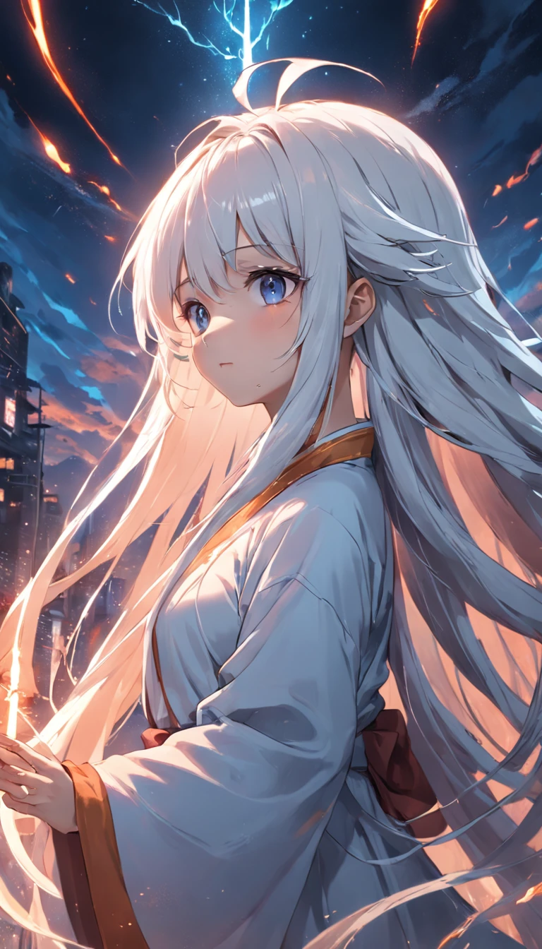 highways,Look up,Long white hair,full bodyesbian, Electrical properties,Holy monk,Staff,45 degree,ember