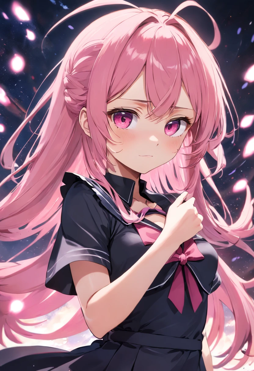 Close up portrait of a person in a dress with pink hair, tsukasa dokite, megumu okada, hanayamata, Anime girl named Lucy, magic school uniform,sakimimichan, magical school student uniform, anime girl wearing a black dress, mitsumayo, As an anime character, anya from spy x family