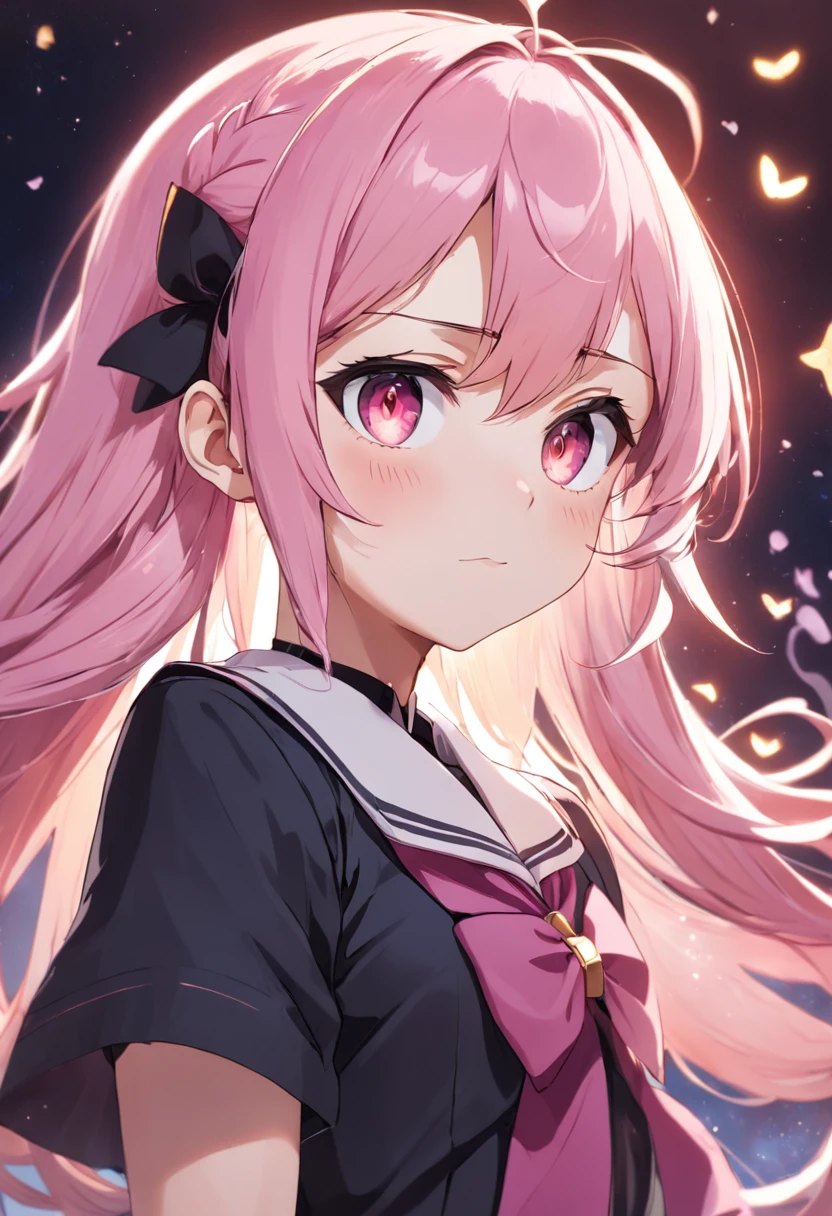 Close up portrait of a person in a dress with pink hair, tsukasa dokite, megumu okada, hanayamata, Anime girl named Lucy, magic school uniform,sakimimichan, magical school student uniform, anime girl wearing a black dress, mitsumayo, As an anime character, anya from spy x family