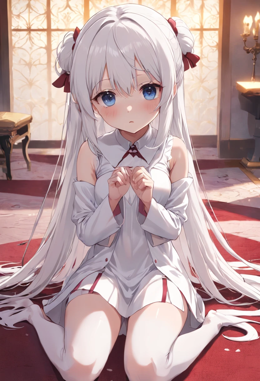 Cute loli，long  white hair，white  panties，white dresses，Kneeling on the carpet is，largeeyes，Long white socks，Barefoot，Leaky shoulders