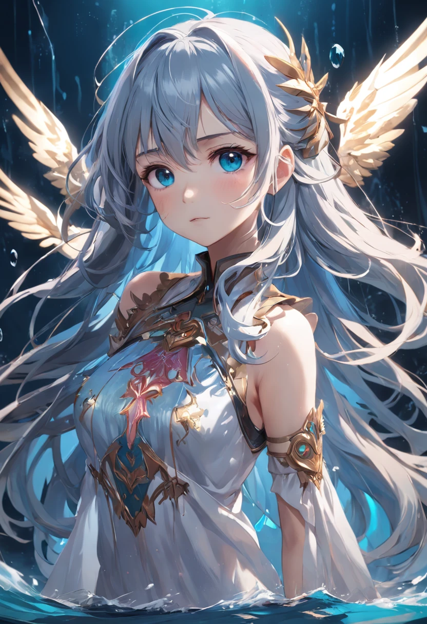 The best quality, high resolution, detailed 8k CG, masterpiece, amazing art, fine details, high details, complex details, long hair, girly feeling, Big watery eyes ,Delicate and delicate eyes, pure desire, lovely, young and beautiful, immortal,Flying ,,light and shadow, light,Gorgeous clothes,sea,Cyberpunk, mecha girl, mechanical body