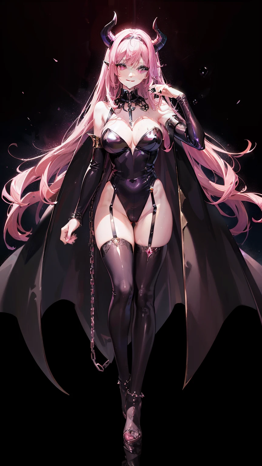 succubus super heroiene, ((wet thin silk jumpsuit, long cape with swag collar, chain belt, armlet, devil shape brooch, wristband)), (evil charming aura, raining effect, pink glowing pupil, succubus make up, perfect body shape, smiling face, pink purple color hair, brown skin), (masterpieces, extreme body detail, high resolution, original character, best anime 4k wallpaper quality), club toilet background, full body shot, hand on face
