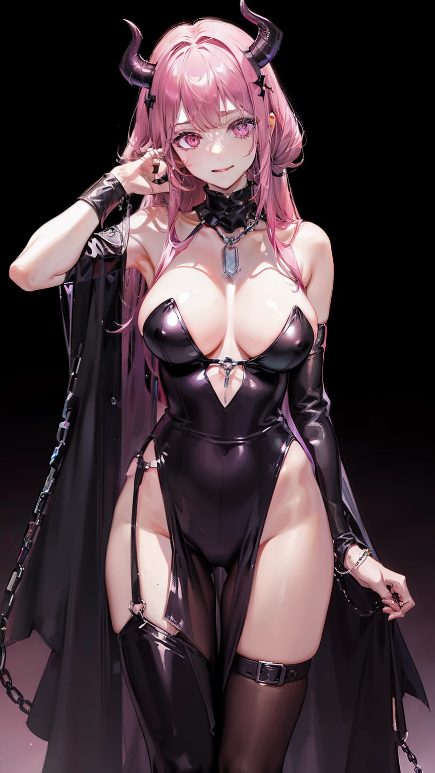 succubus super heroiene, ((wet thin silk jumpsuit, long cape with swag collar, chain belt, armlet, devil shape brooch, wristband)), (evil charming aura, raining effect, pink glowing pupil, succubus make up, perfect body shape, smiling face, pink purple color hair, brown skin), (masterpieces, extreme body detail, high resolution, original character, best anime 4k wallpaper quality), club toilet background, full body shot, hand on face