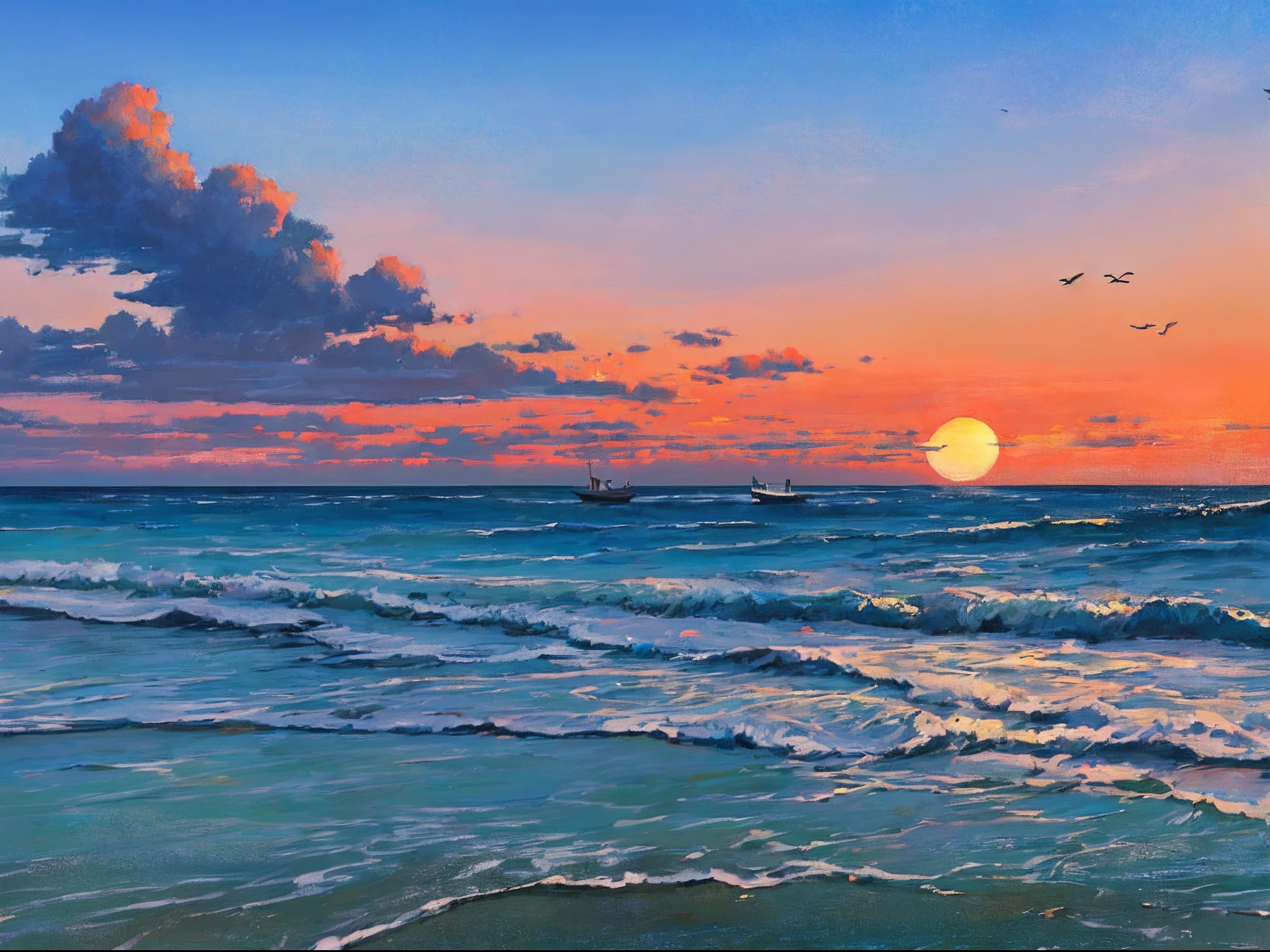 "Stunning oil painting of beach landscape featuring a tranquil sunrise, gentle waves, a distant boat, a picturesque lookout tower, clouds, and graceful silhouettes of birds soaring in the sky."