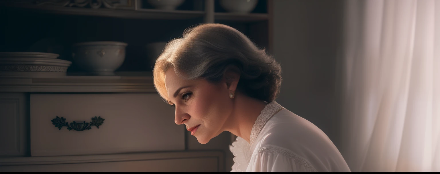 There's a middle-aged woman, 45 anos, foto retrato suave 8 k, retrato luz suave, medium portrait soft light, luz suave do lado, retrato suave, retrato suave luz baixa, color photograph portrait 4k, a still of an ethereal, beautiful soft lighting, mulher de 40 anos da era vitoriana triste fantasia senhora, beautiful portrait lighting, retrato editorial, inspirado em Albert Edelfelt