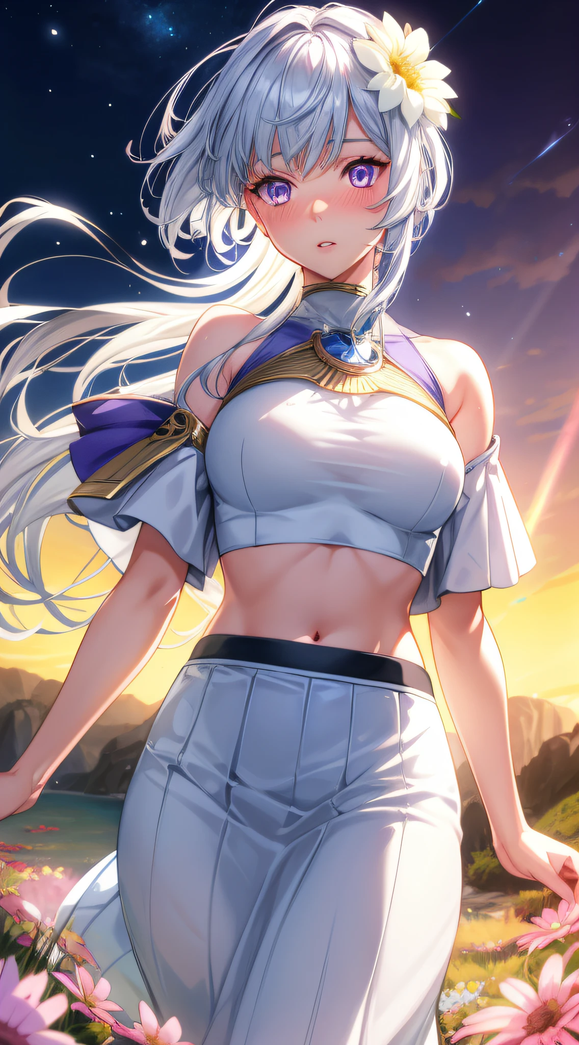 realistic, 1girl, white hair, purple eyes, glowing eyes, crop top, skirt, parted lips, blush, night, flowers, sun, sunlight,
