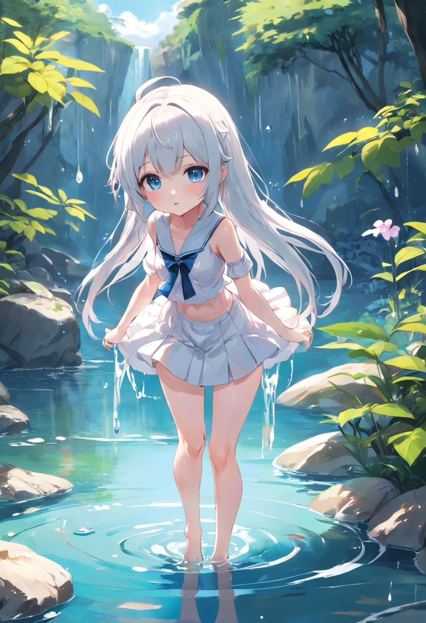 (HD illustrations),The best picture quality, The best lighting effects,With blue eyes,Stobasa(silber hair:1.3+whaite hair), Lakeside clear pond, Petite slender legs,Short white skirt,Splash water,Fresh face,Pure and lovely，Cute loli，long whitr hair，Leaky shoulders，Barefoot，head looking up，Lie on the ground，Raise your feet，shift dresses，white  panties，largeeyes，Anime cute face，Loli，Long white socks，Masturbation