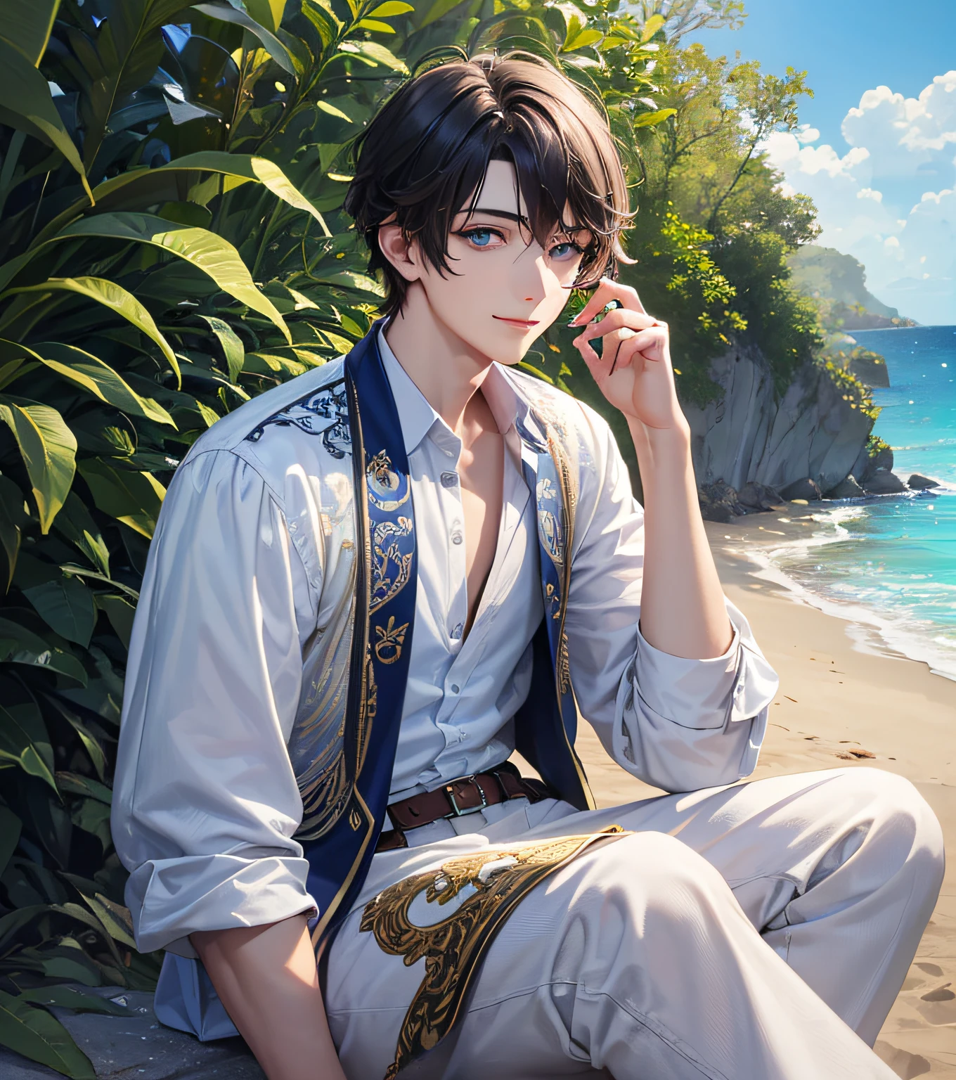 masterpiece, best quality, 1 male, 20 year old young man, adult, tall slim, short hair, cheerful expression, finely detailed eyes, intricate details, solo, full body, detailed background, beach background, detailed face, (white shirt:1.1), intricate outfit, loose bard shirt, no accessories, peasant, messy light blue hair, blue eyes, realistic lighting